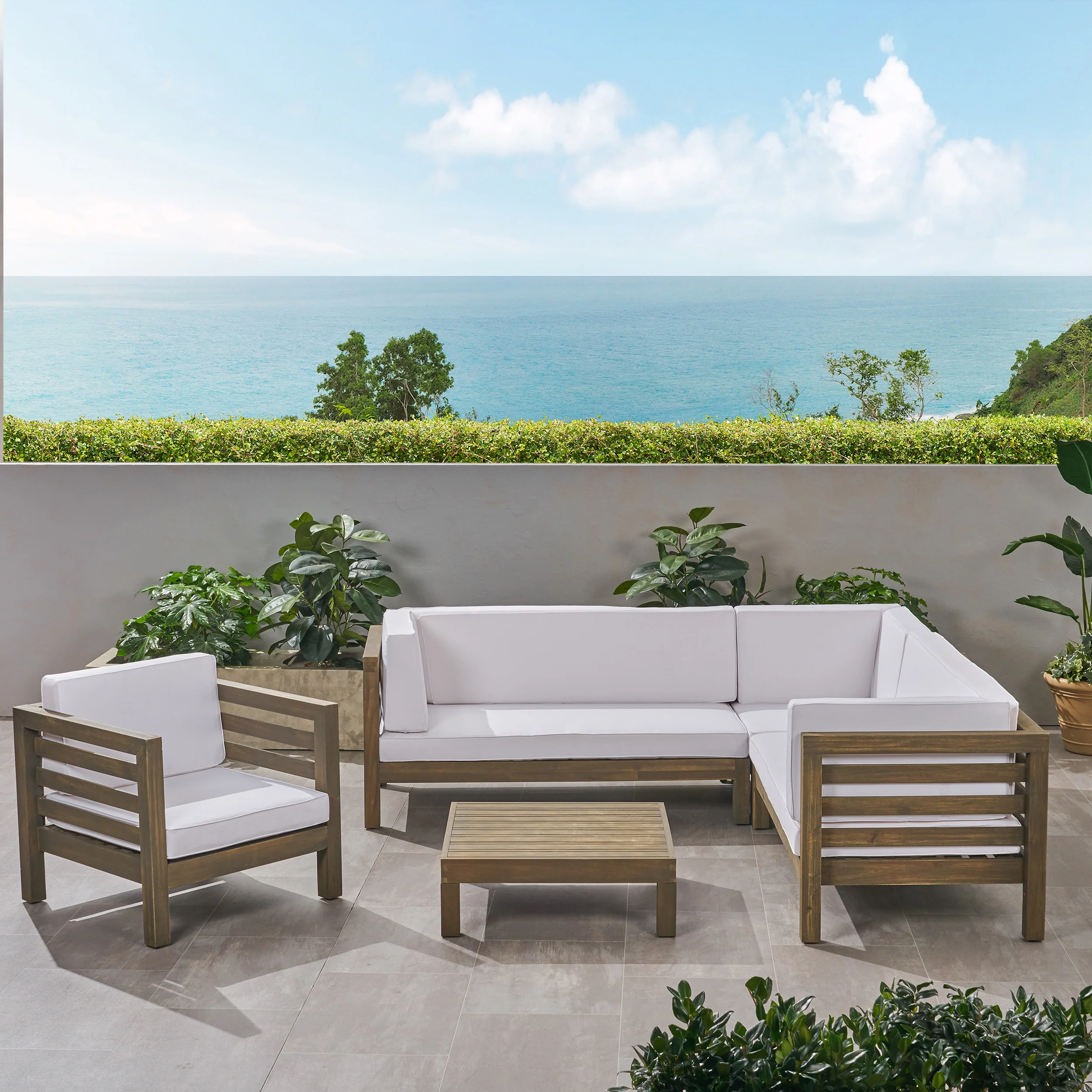 Emma Outdoor 6 Seater Acacia Wood Sectional Sofa and Club Chair Set - furnishings