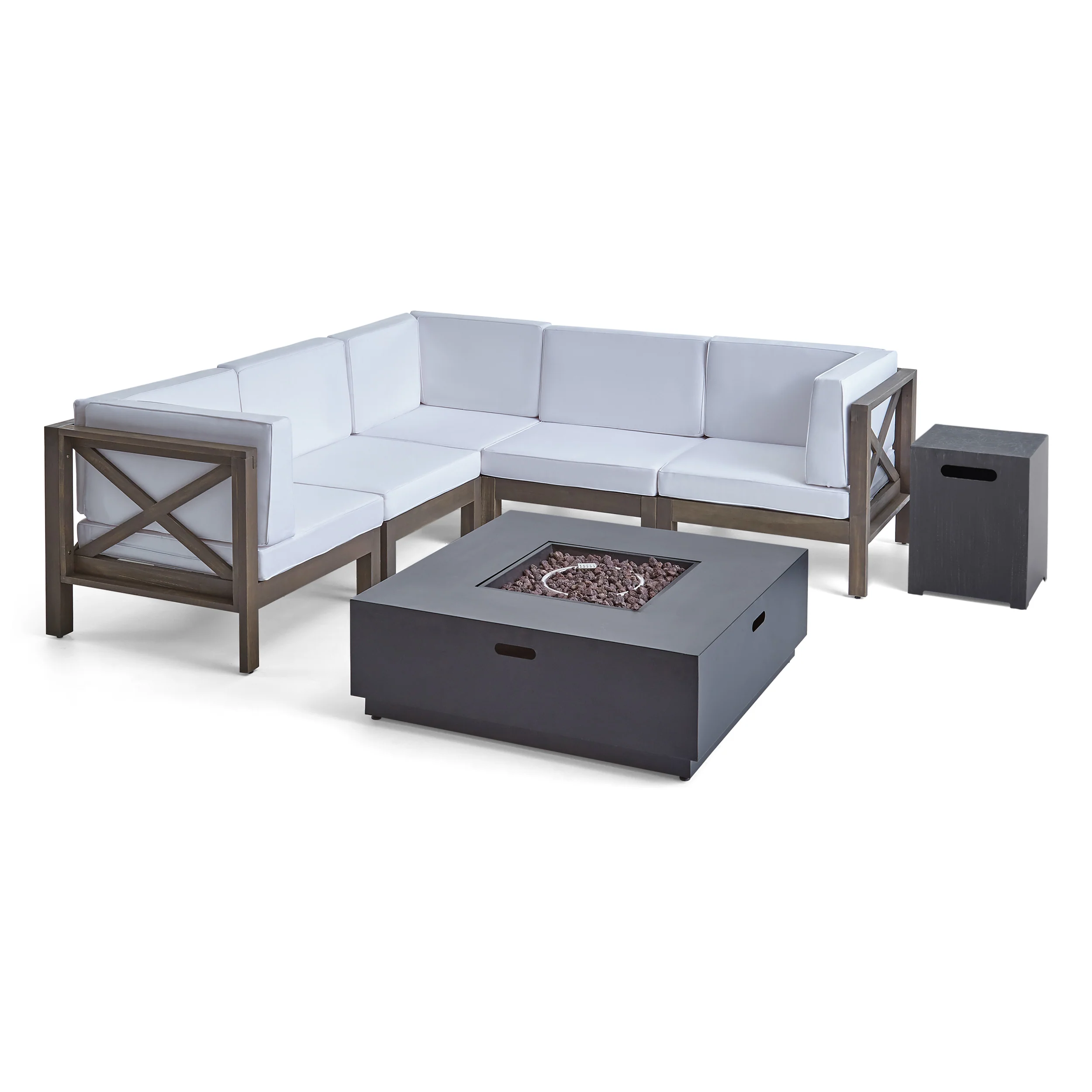 Gina Outdoor Acacia Wood 5 Seater Sectional Sofa Set with Fire Pit - furnishings