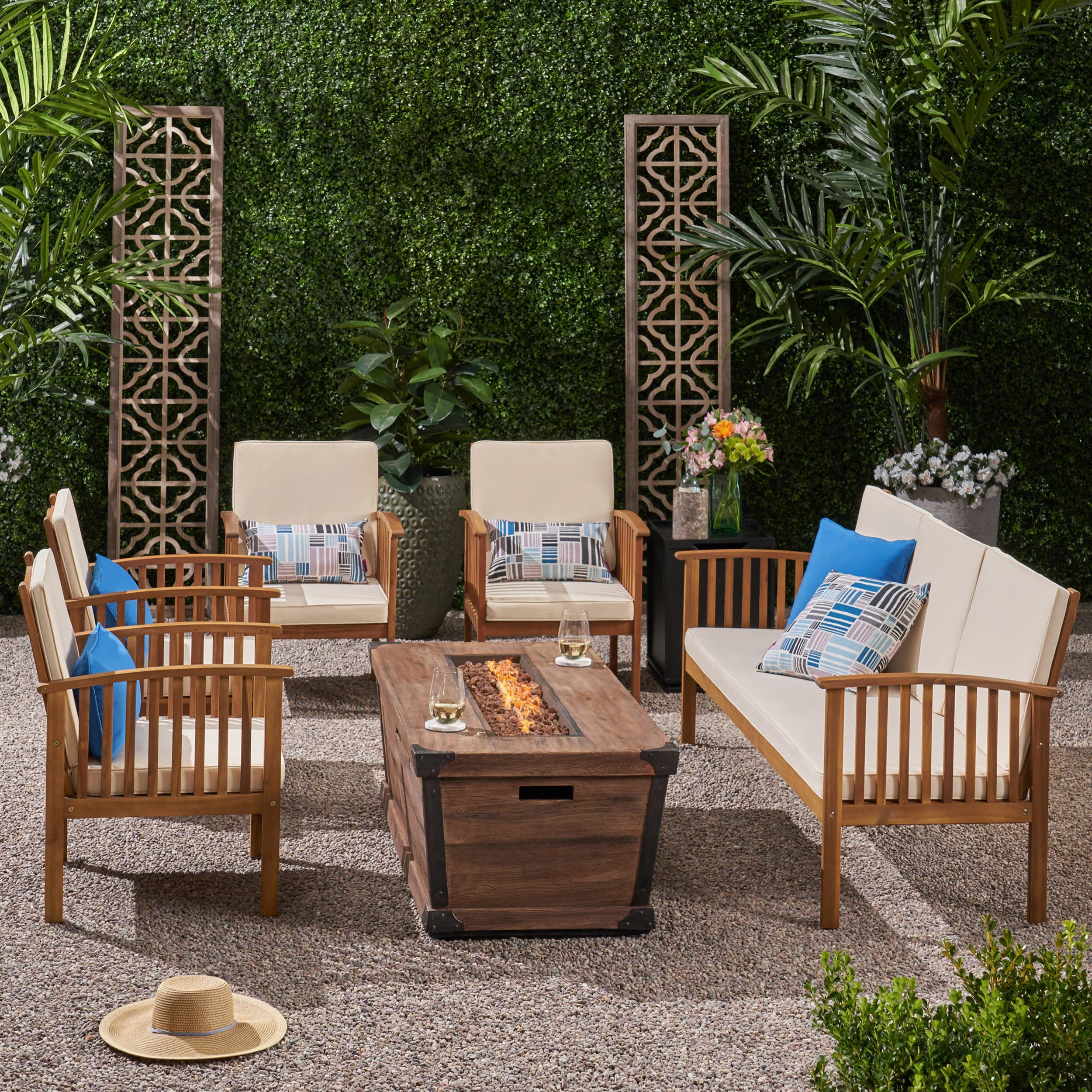 Beckley Outdoor 5 Piece Acacia Wood Conversational Set with Cushions and Fire Pit - furnishings