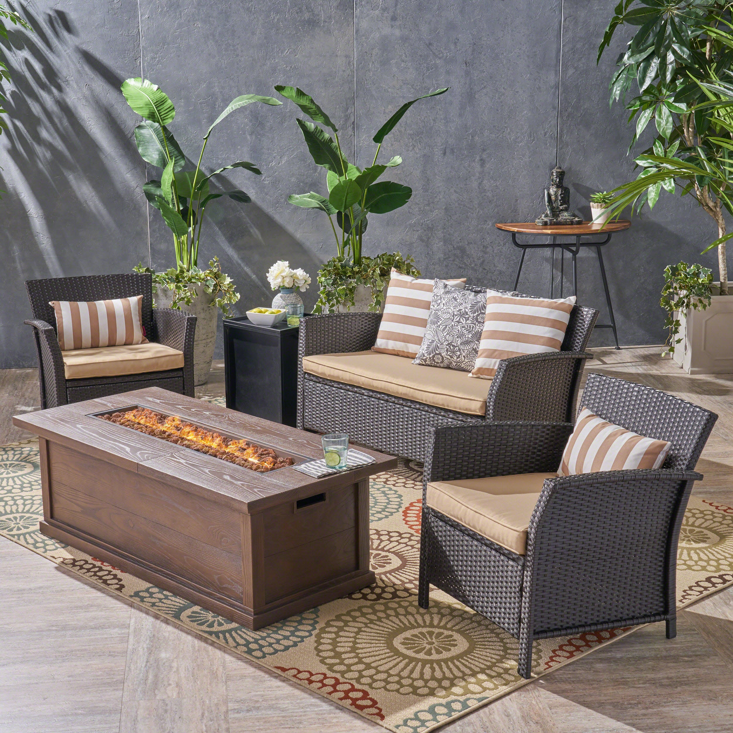 Laiah Outdoor 4 Seater Wicker Chat Set with Iron Fire Pit - furnishings
