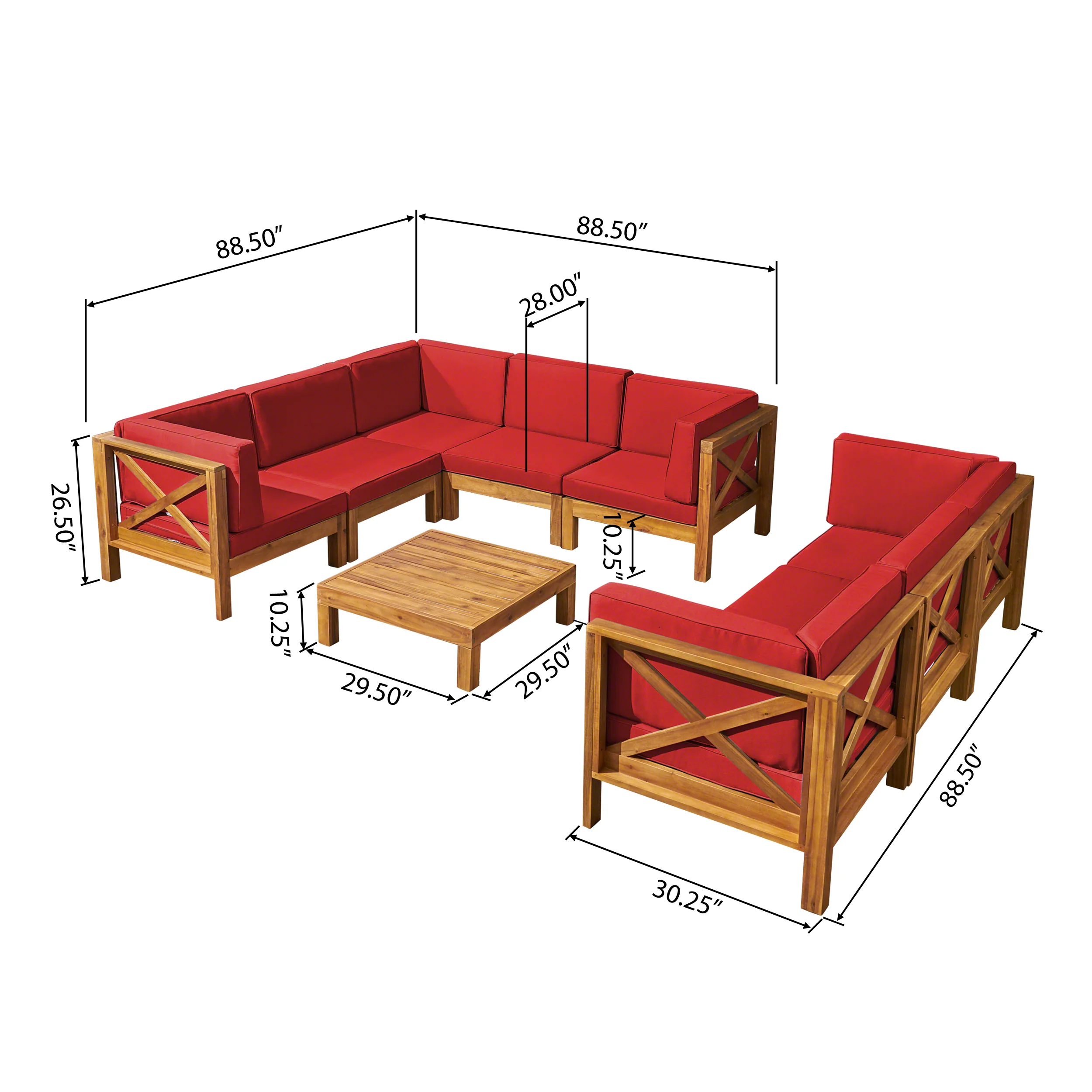 Cynthia Outdoor Acacia Wood 9-Piece Sectional Sofa Set with Coffee Table - furnishings