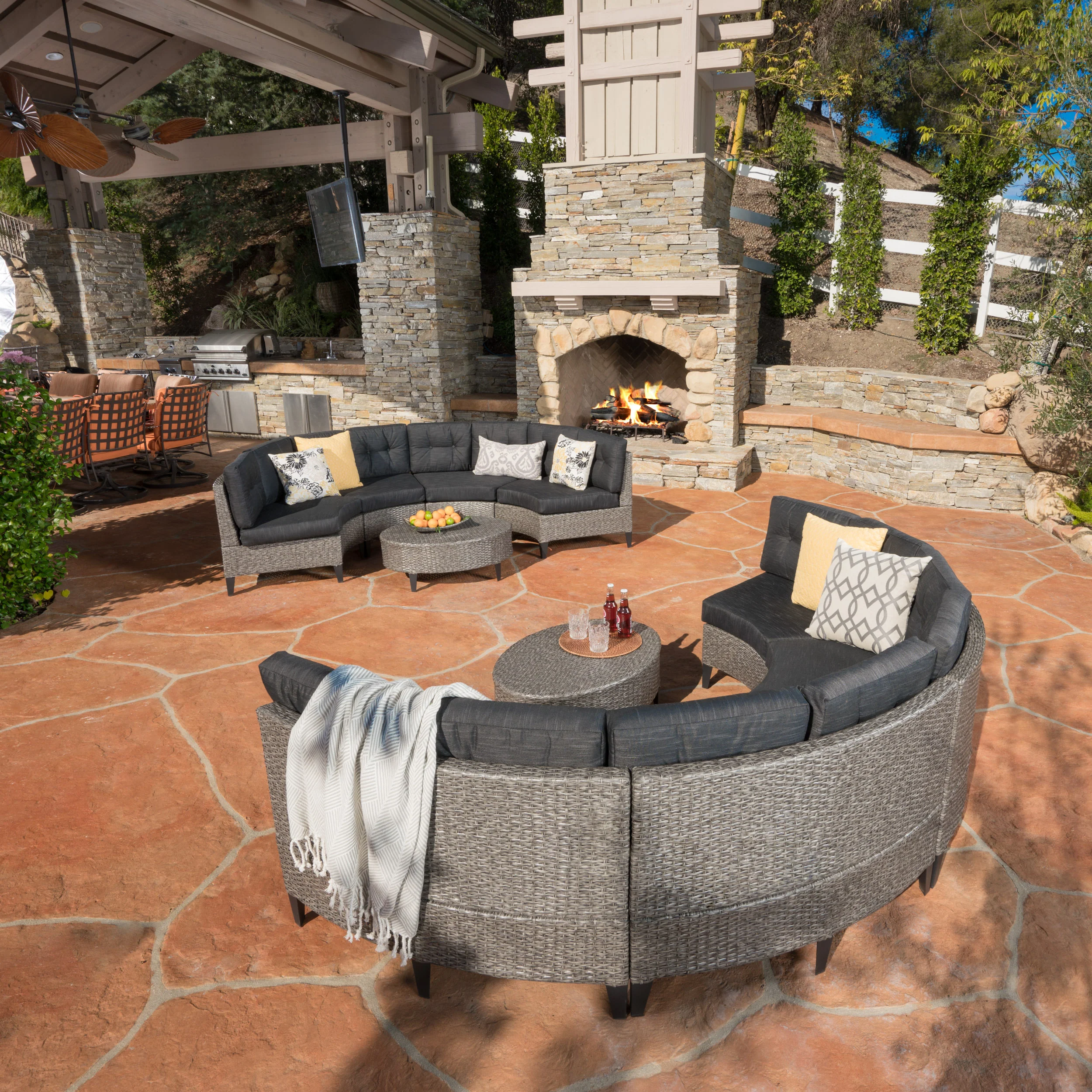 Currituck Outdoor 10 Piece Mixed Black Wicker Sofa Set with Dark Grey Water Resistant Fabric Cushions - furnishings