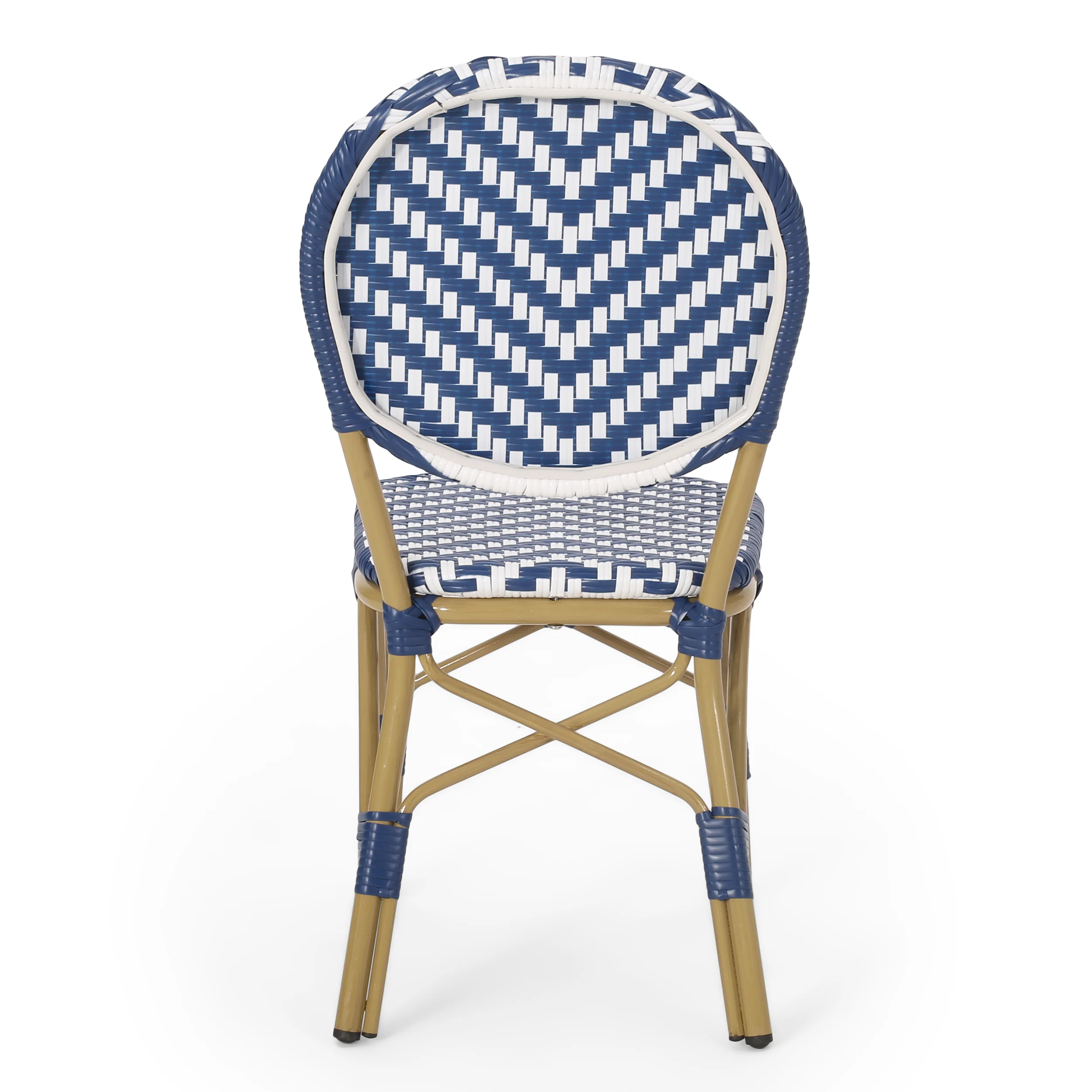 Deshler Outdoor Aluminum French Bistro Chairs, Set of 2, Navy Blue, White, and Bamboo Finish - furnishings