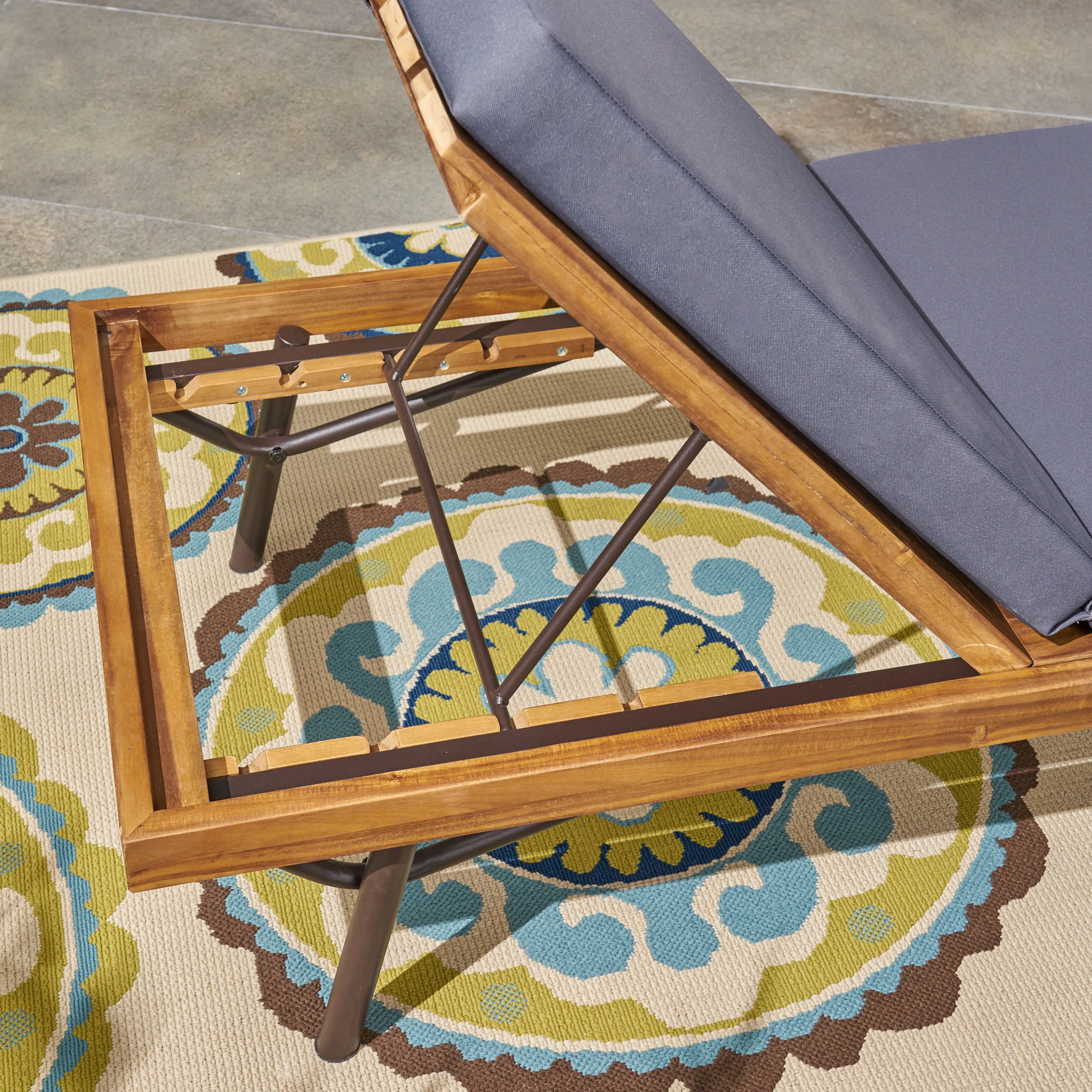Eileen Outdoor Chaise Lounges, Acacia Wood and Eucalyptus, Outdoor Cushions, Teak, Rustic Metal, Dark Gray (Set of 2) - furnishings