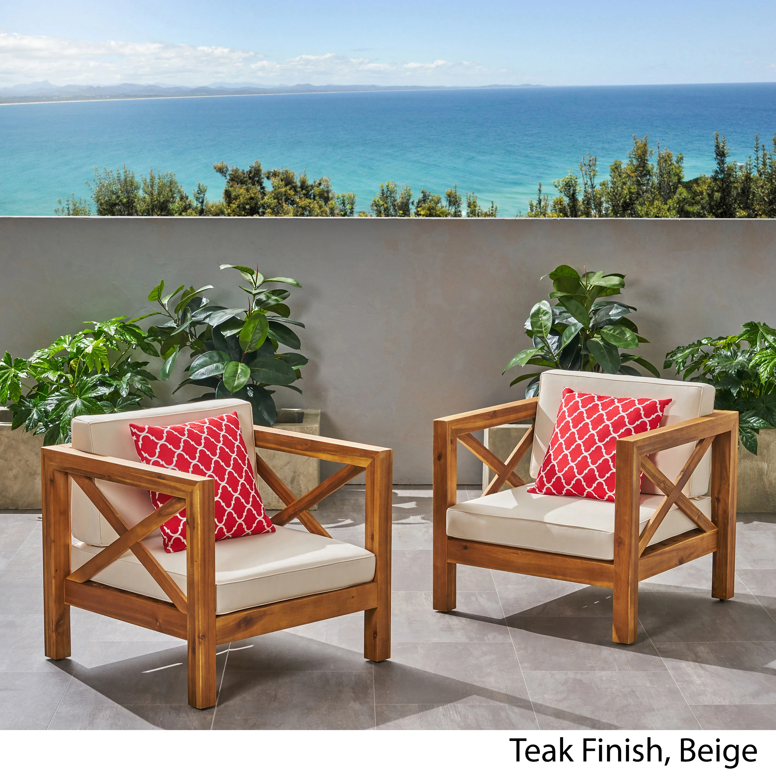 Indira Outdoor Acacia Wood Club Chairs with Cushions (Set of 2) - furnishings