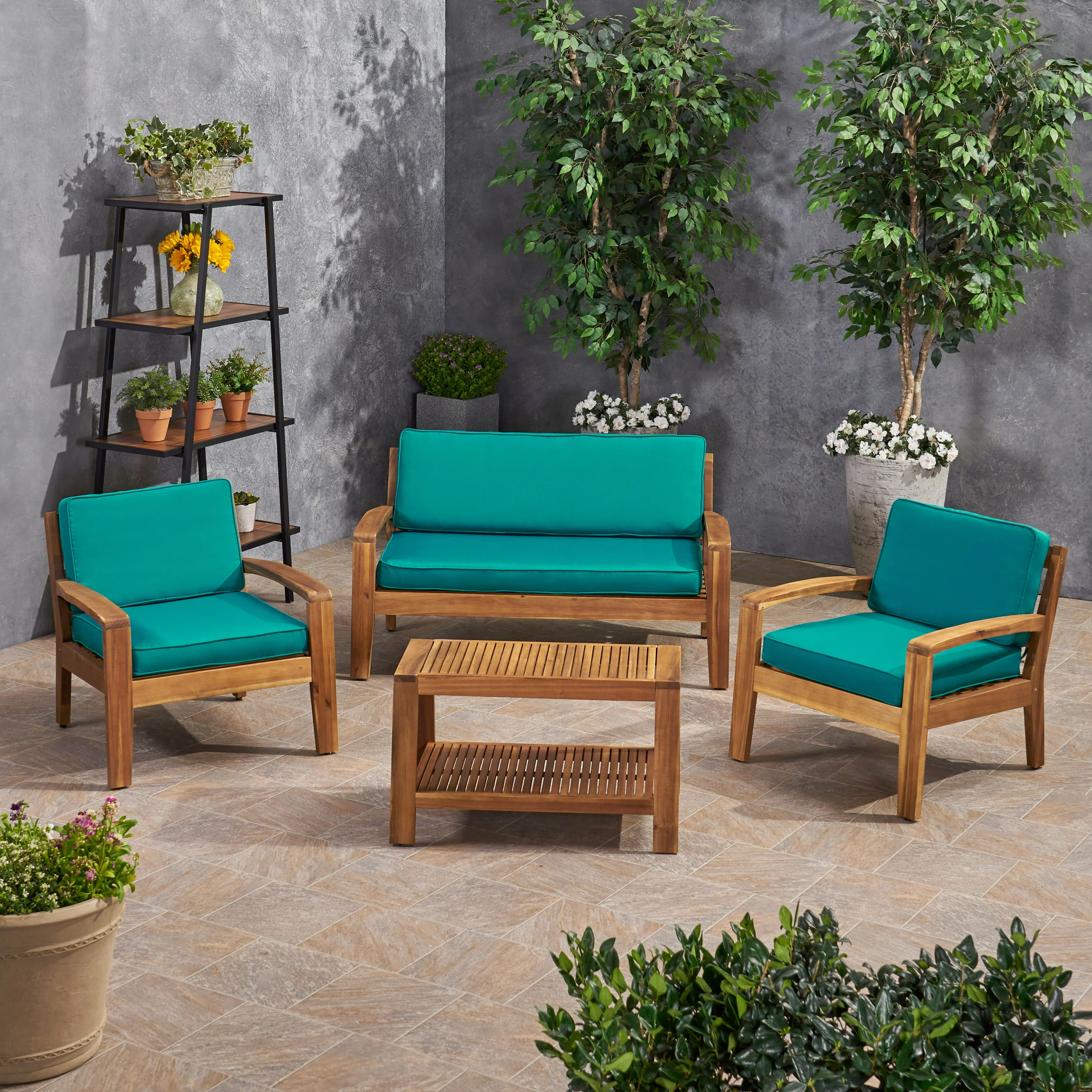 Parma Patio Acacia Wood 4-Seater Conversation Set with Coffee Table and Sunbrella Cushions - furnishings