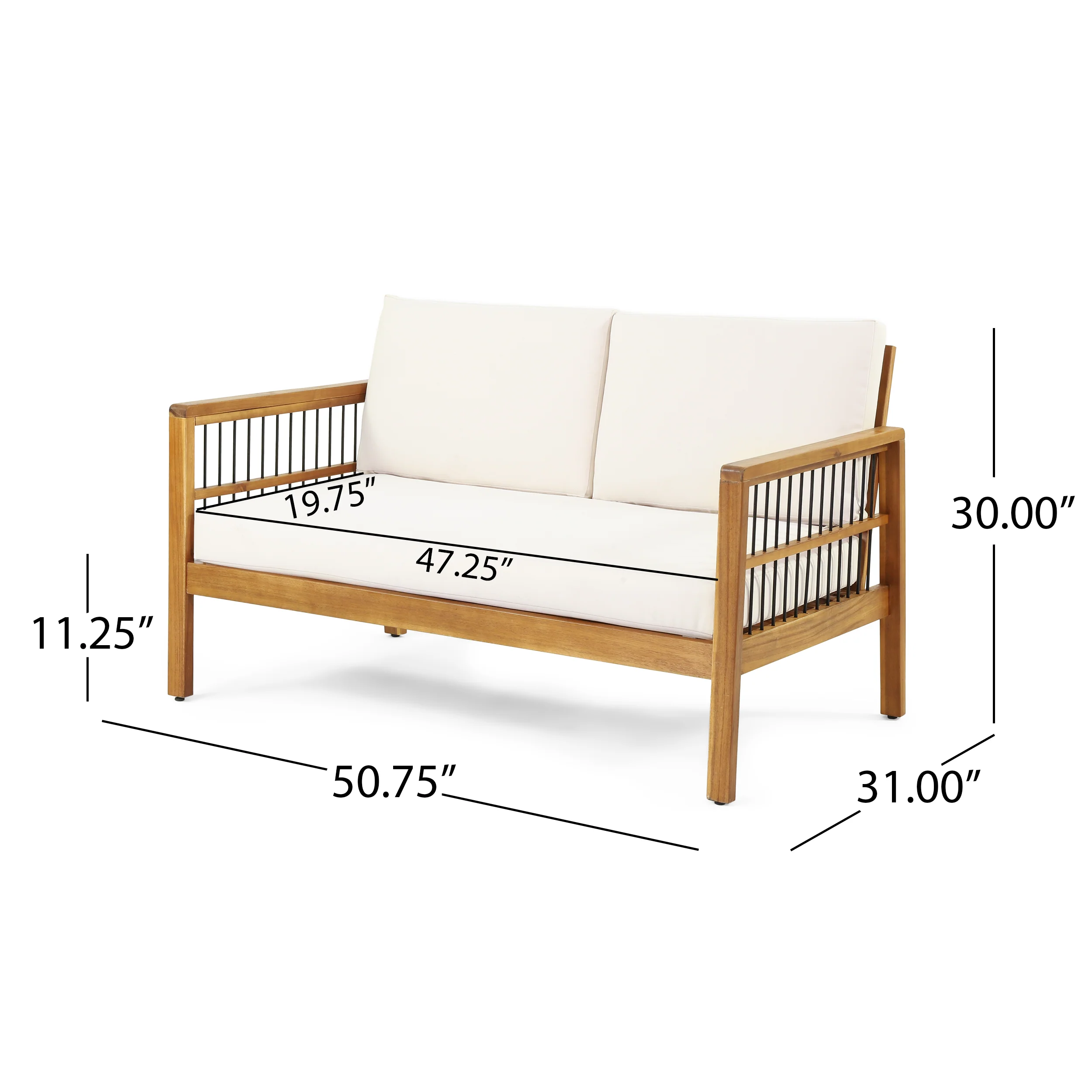 Sagewood Outdoor Acacia Wood and Iron Loveseat and Coffee Table Set with Cushions, Teak, Black, Beige - furnishings