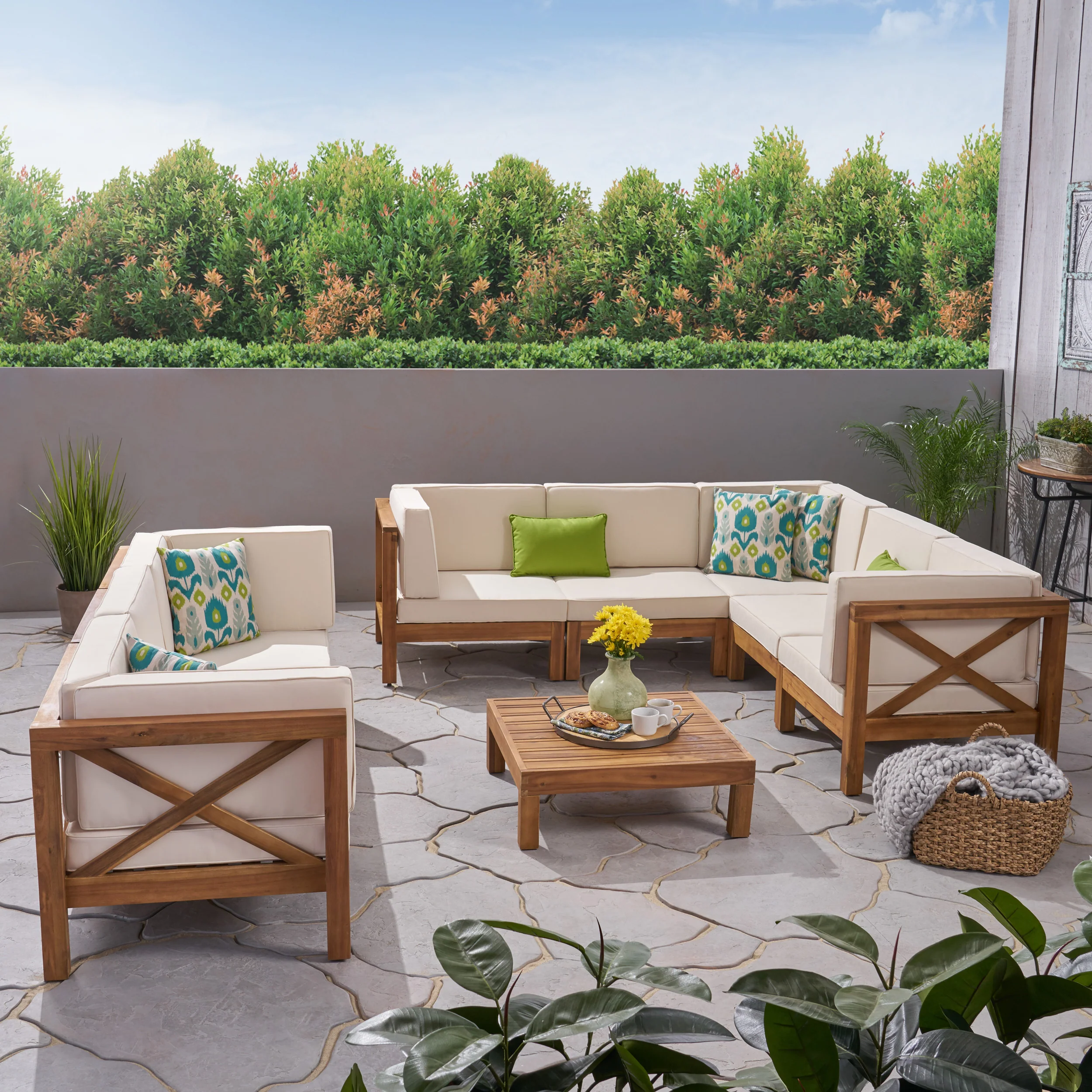 Cynthia Outdoor Acacia Wood 8 Seater Sectional Sofa Set with Coffee Table - furnishings