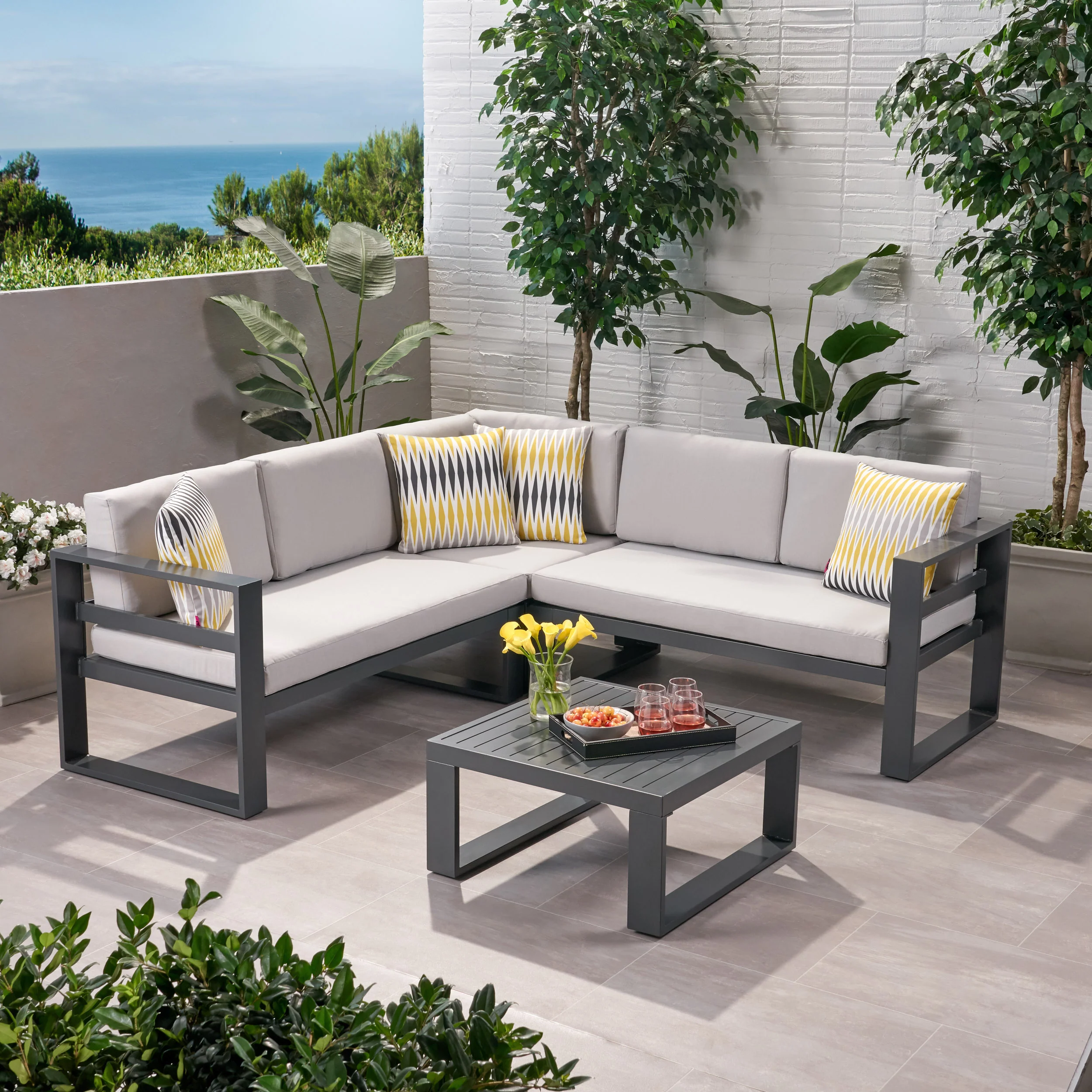Queena Outdoor Aluminum Sofa Sectional with Coffee Table - furnishings