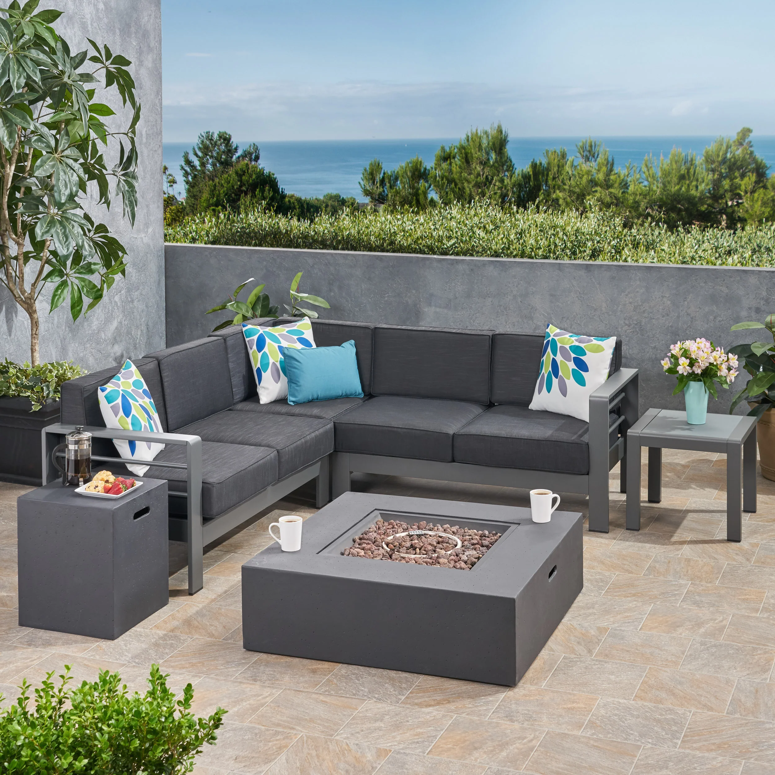 Scalett Outdoor 5 Seater Aluminum Chat Set with Fire Pit - furnishings