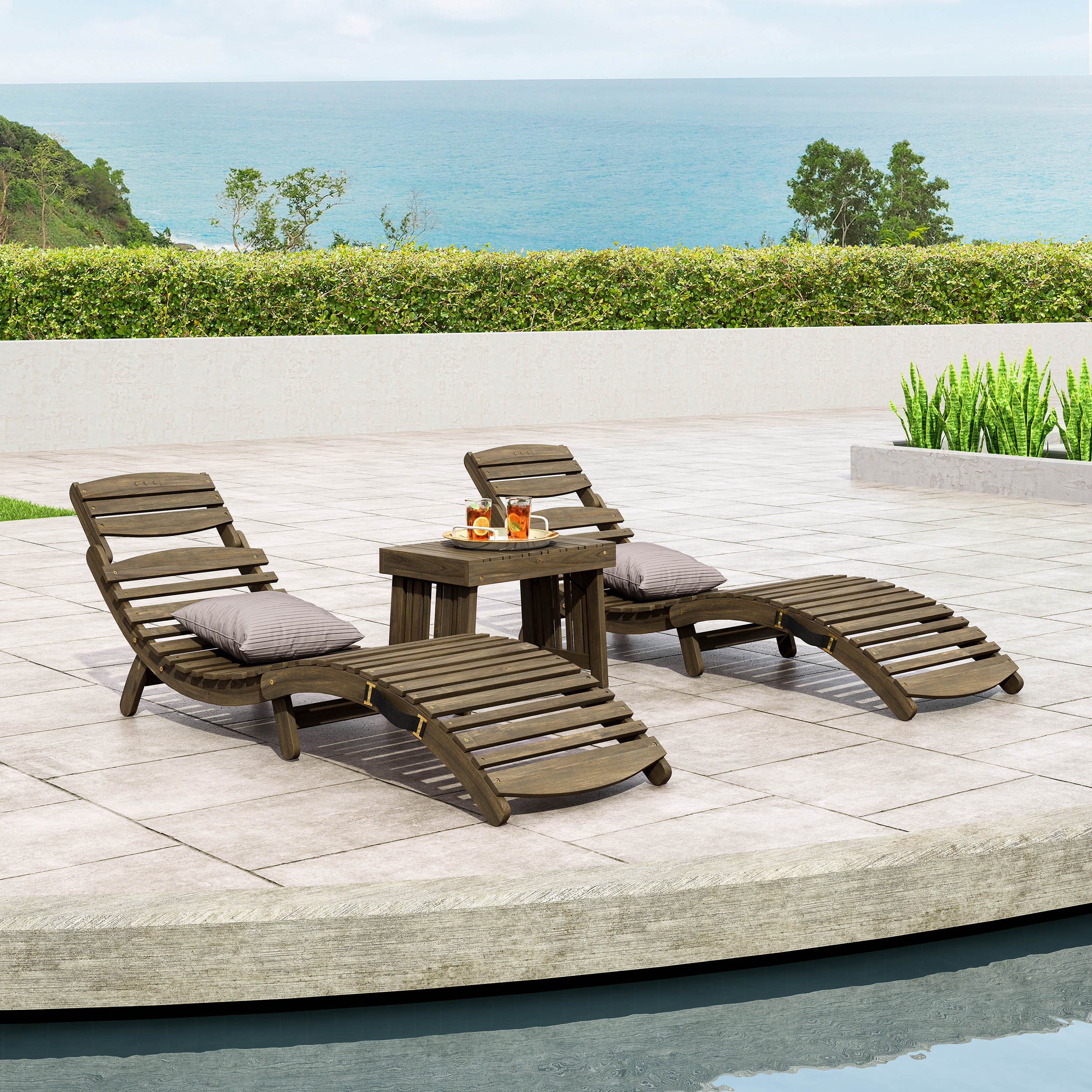 Lisbon Outdoor Acacia Wood 3 Piece Chaise Lounge Set - furnishings
