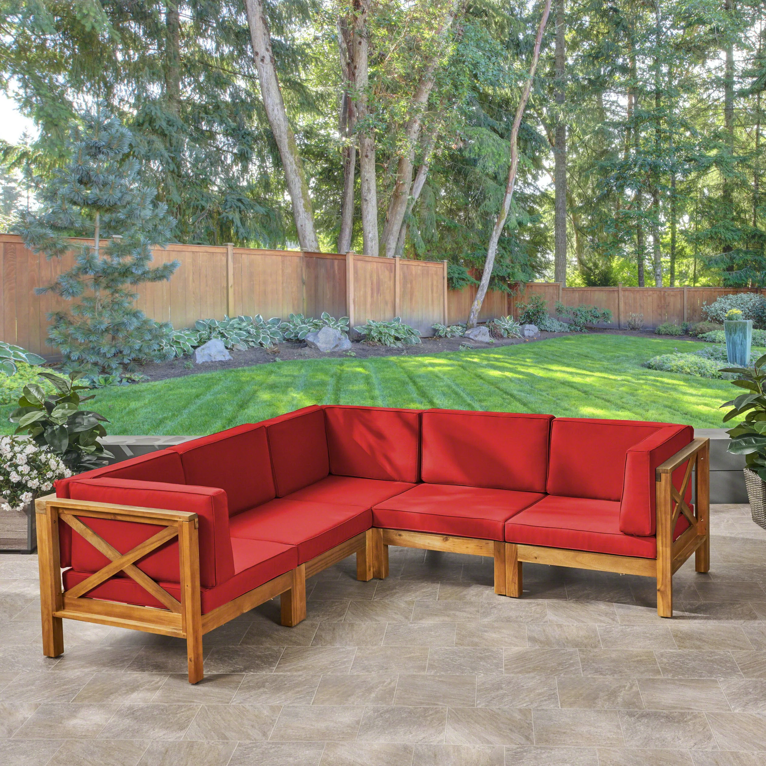 Brava Outdoor Acacia Wood 5 Seater Sectional Sofa Set with Water-Resistant Cushions - furnishings