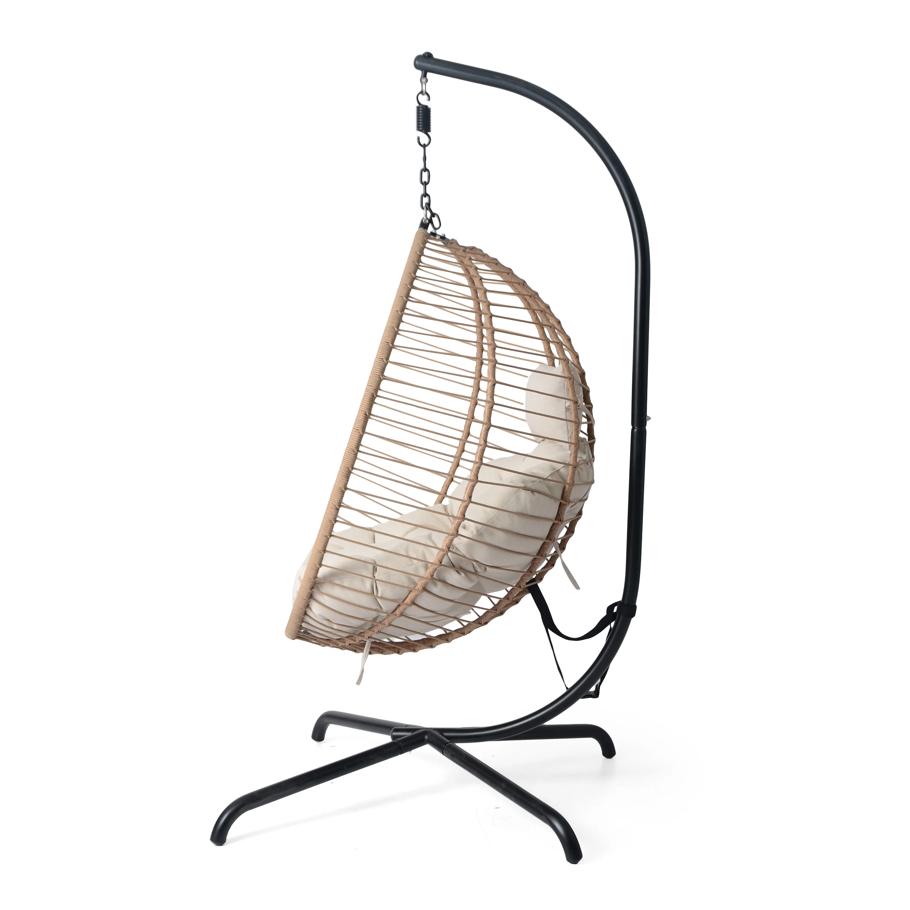 Luciane Outdoor Patio Hanging Basket Chair with Stand, Beige + Brown - furnishings