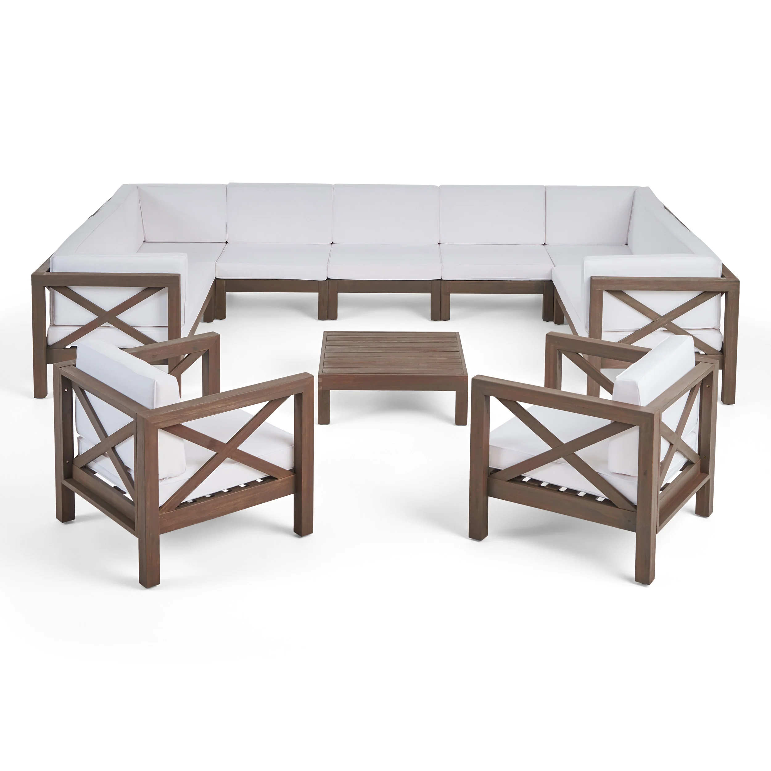 Isabella Outdoor 11 Seater Acacia Wood Sectional Sofa and Club Chair Set - furnishings