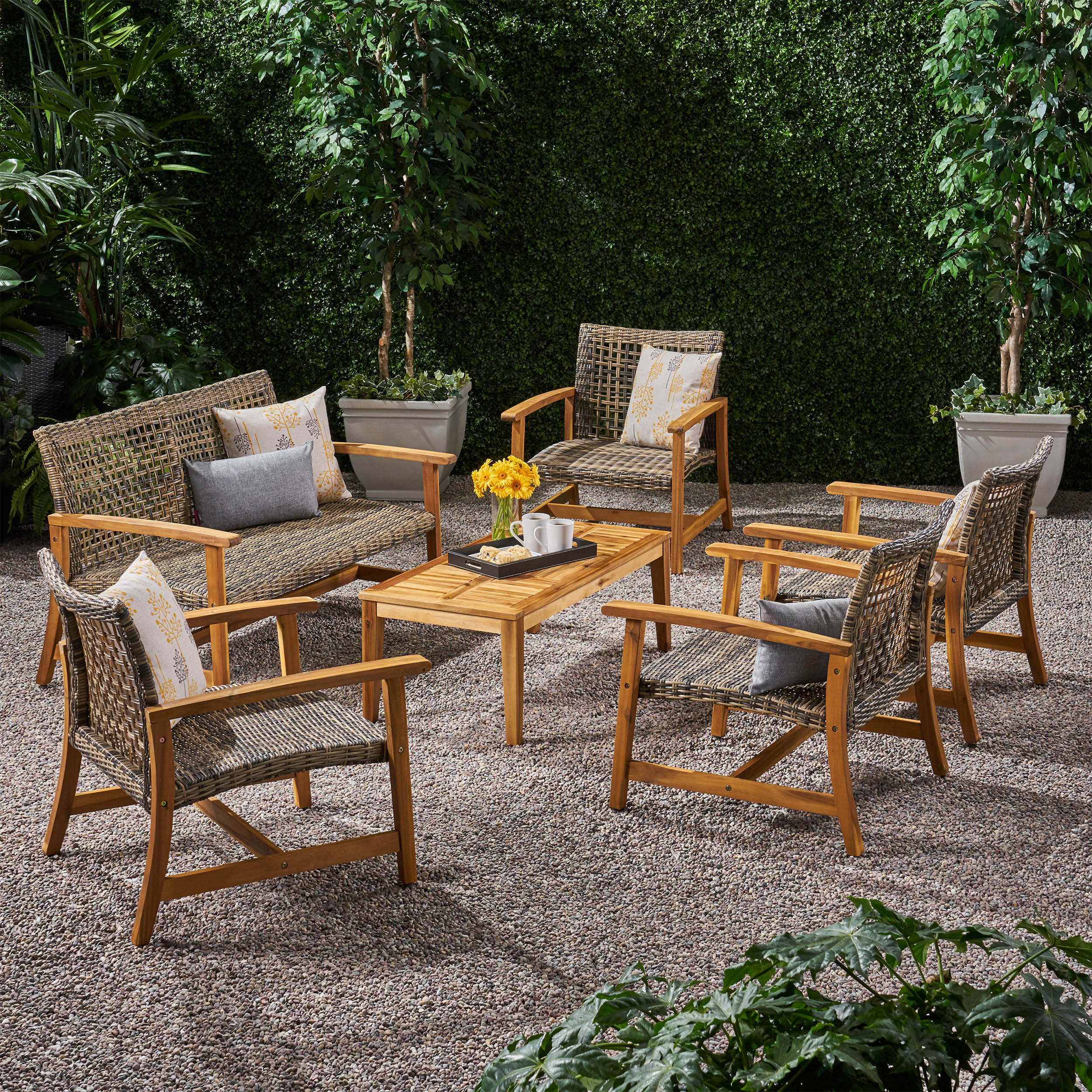 Levant Outdoor 5 Piece Wood and Wicker Loveseat Chat Set - furnishings