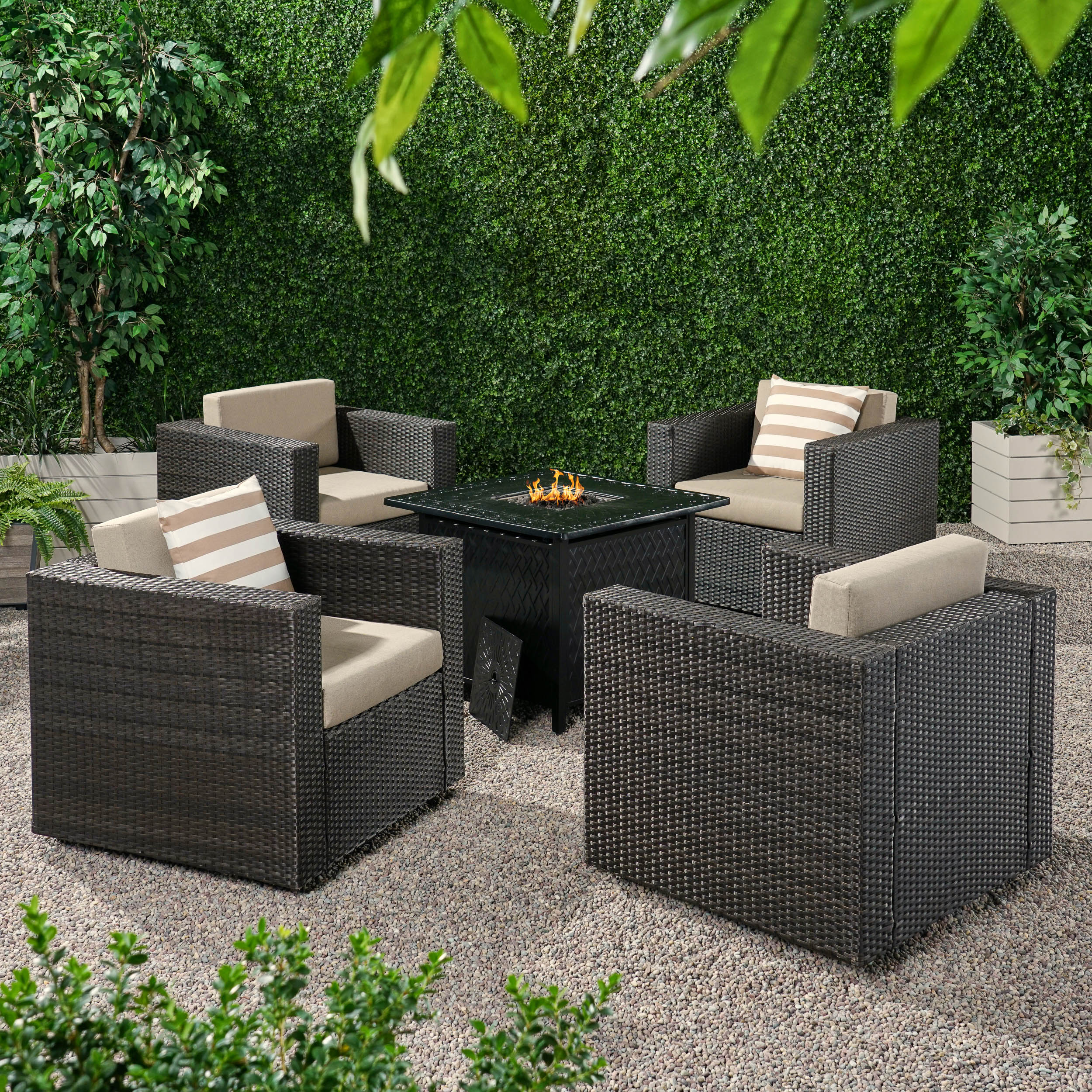 Calella Outdoor 4 Seater Wicker Swivel Chair and Fire Pit Set - furnishings