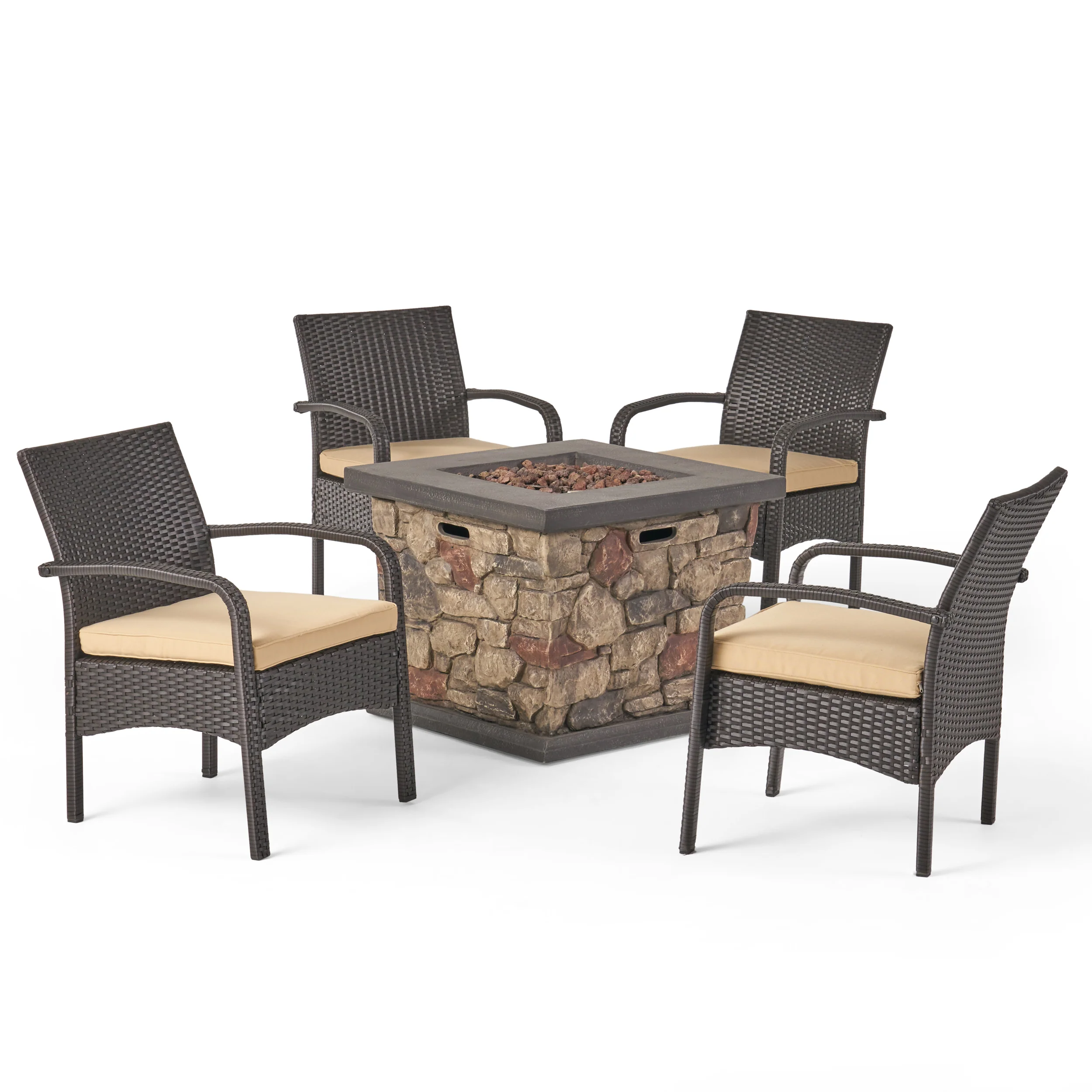 Mavis Patio Fire Pit Set, 4-Seater with Club Chairs, Wicker with Outdoor Cushions - furnishings