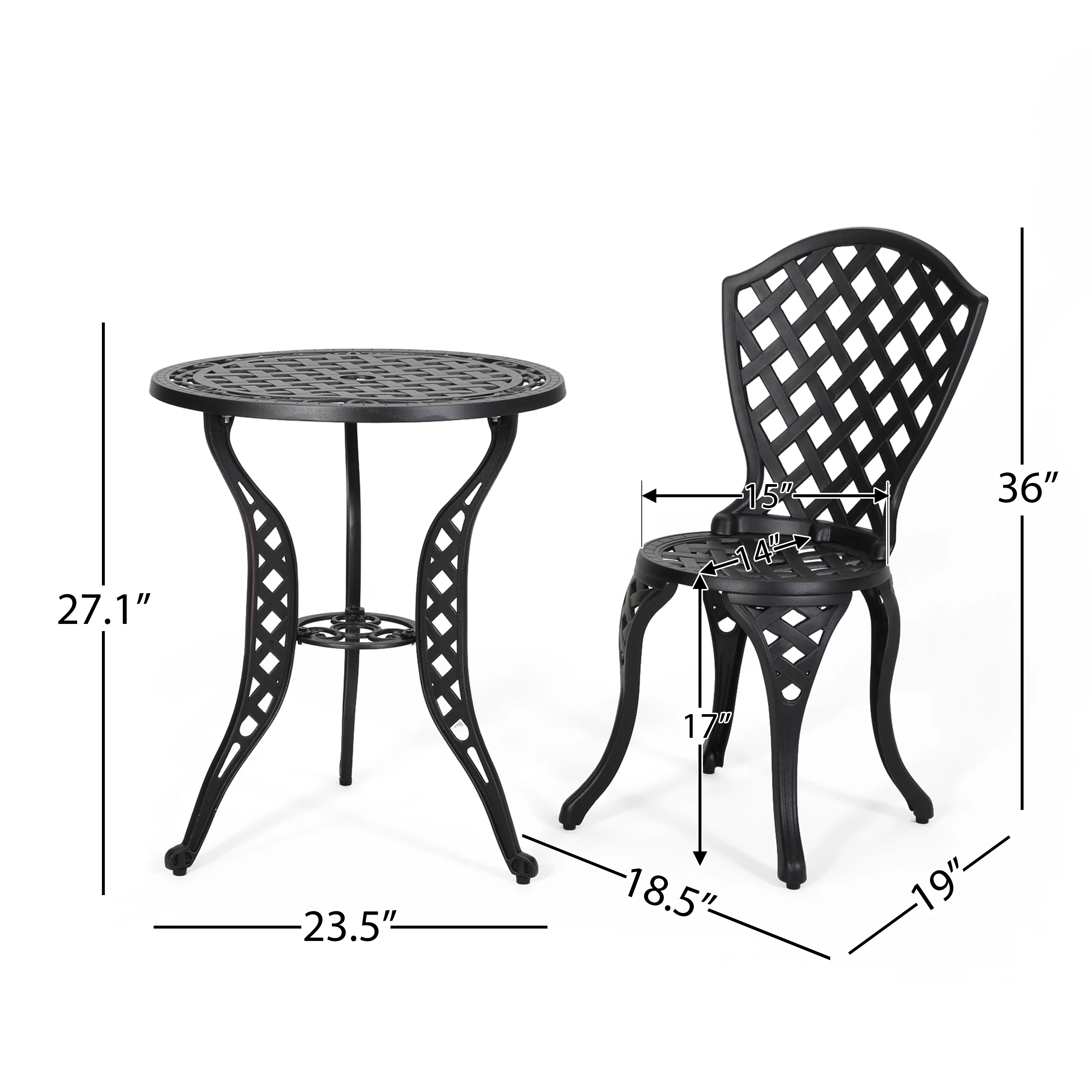 Lyon Traditional Outdoor 3-Piece Black with Bronze Cast Aluminum Bistro Set - furnishings