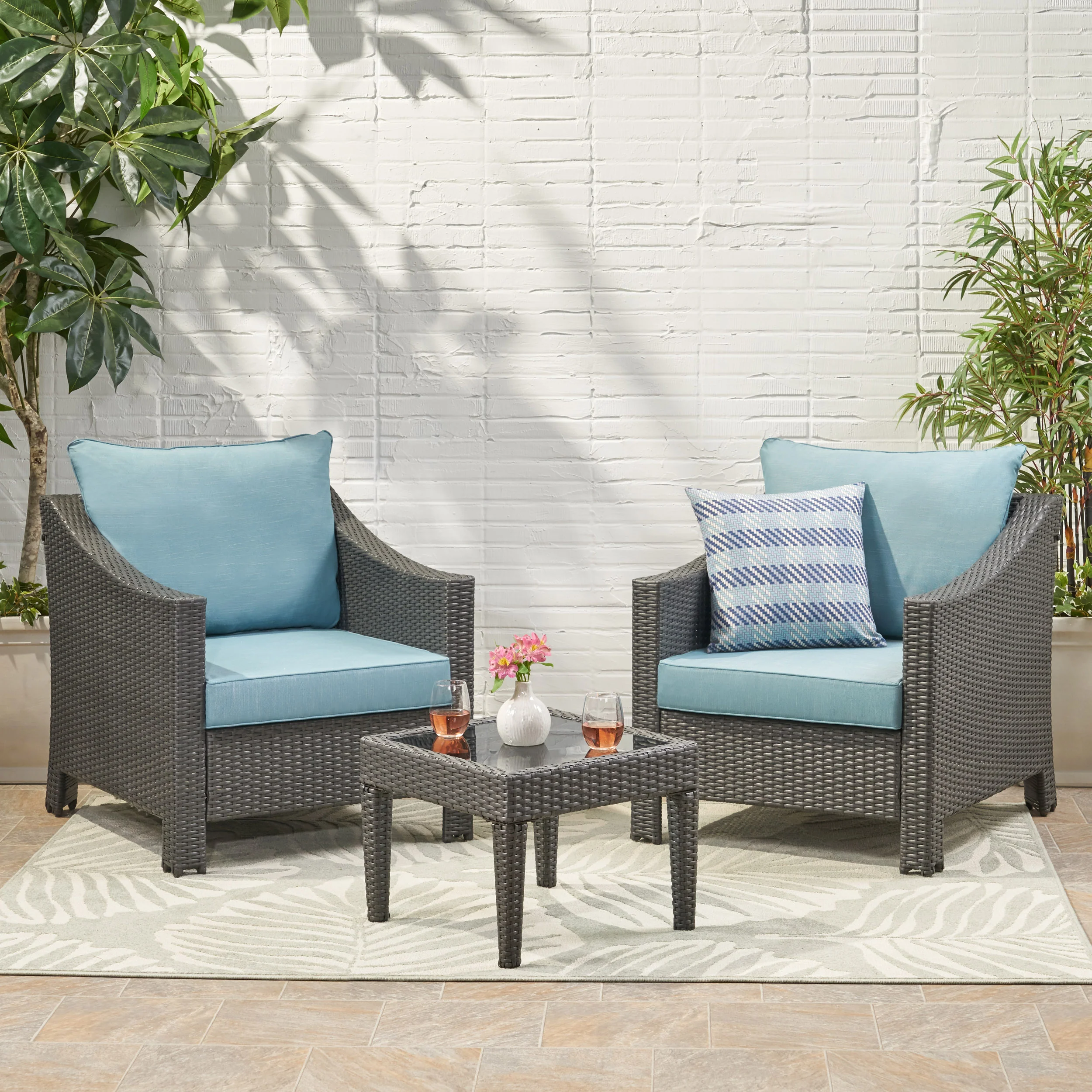 Caspian Outdoor 3 Piece Gray Wicker Chat Set with Teal Water Resistant Cushions - furnishings