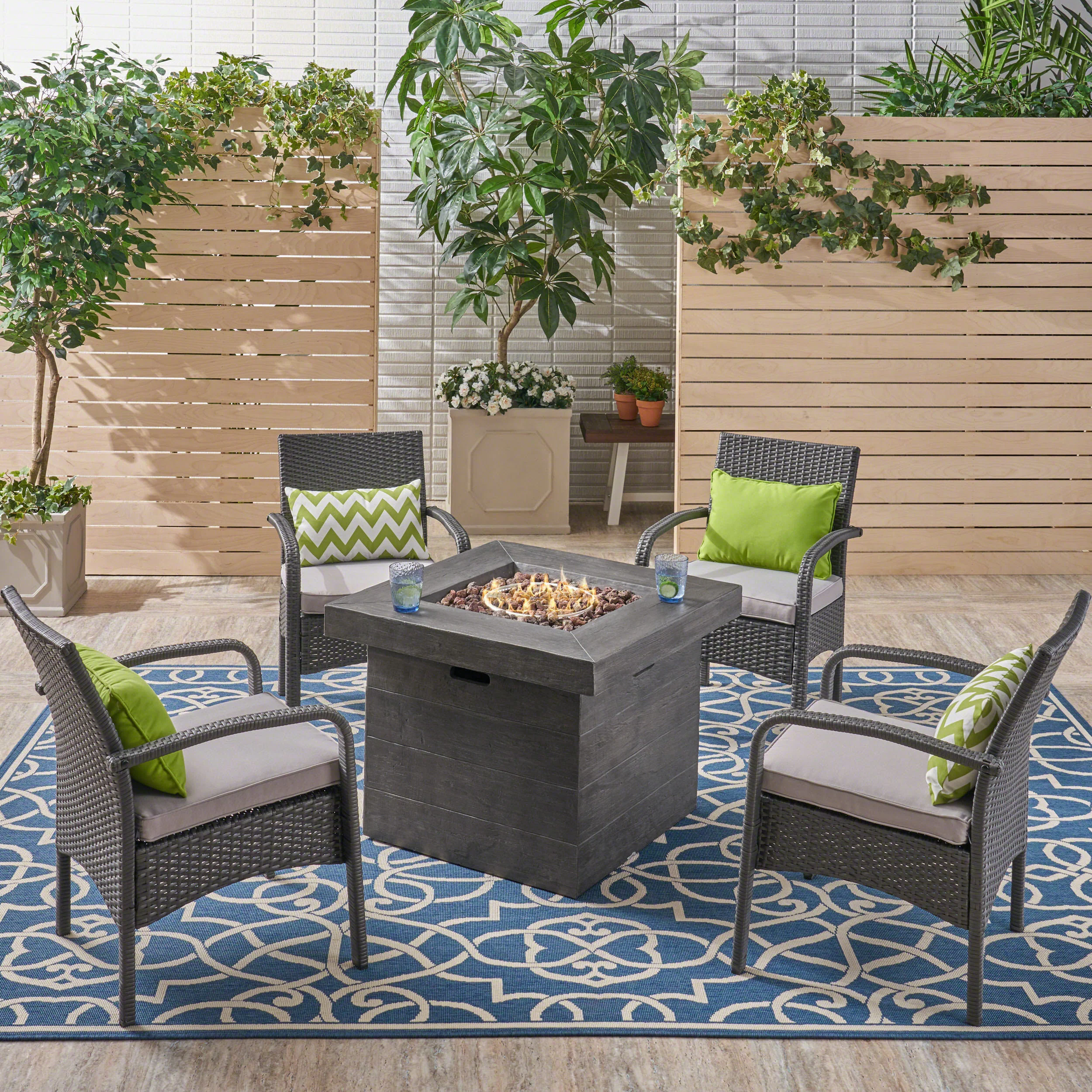 Meroy Patio Fire Pit Set, 4-Seater with Club Chairs, Wicker with Outdoor Cushions - furnishings