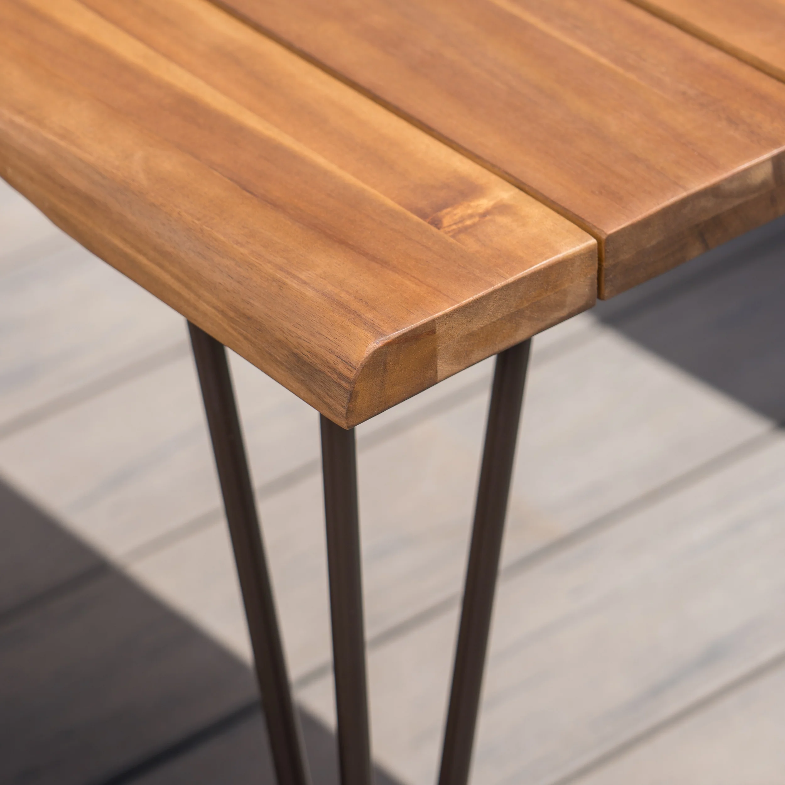 Avy Outdoor Rustic Industrial Acacia Wood Coffee Table Chat Set with Metal Hairpin Legs, Teak - furnishings