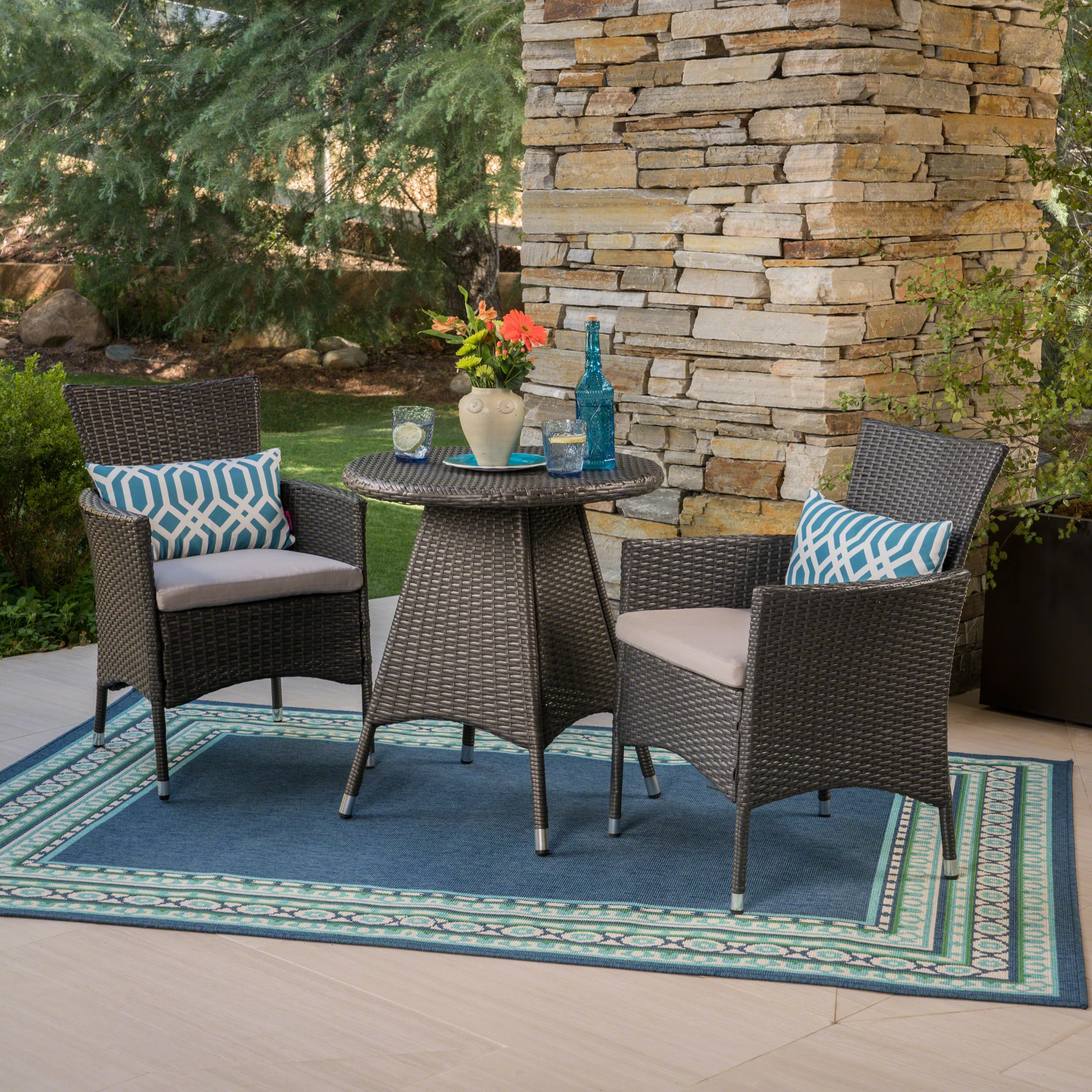 Frank Outdoor 3 Piece Wicker Bistro Set, Grey with Silver Cushions - furnishings
