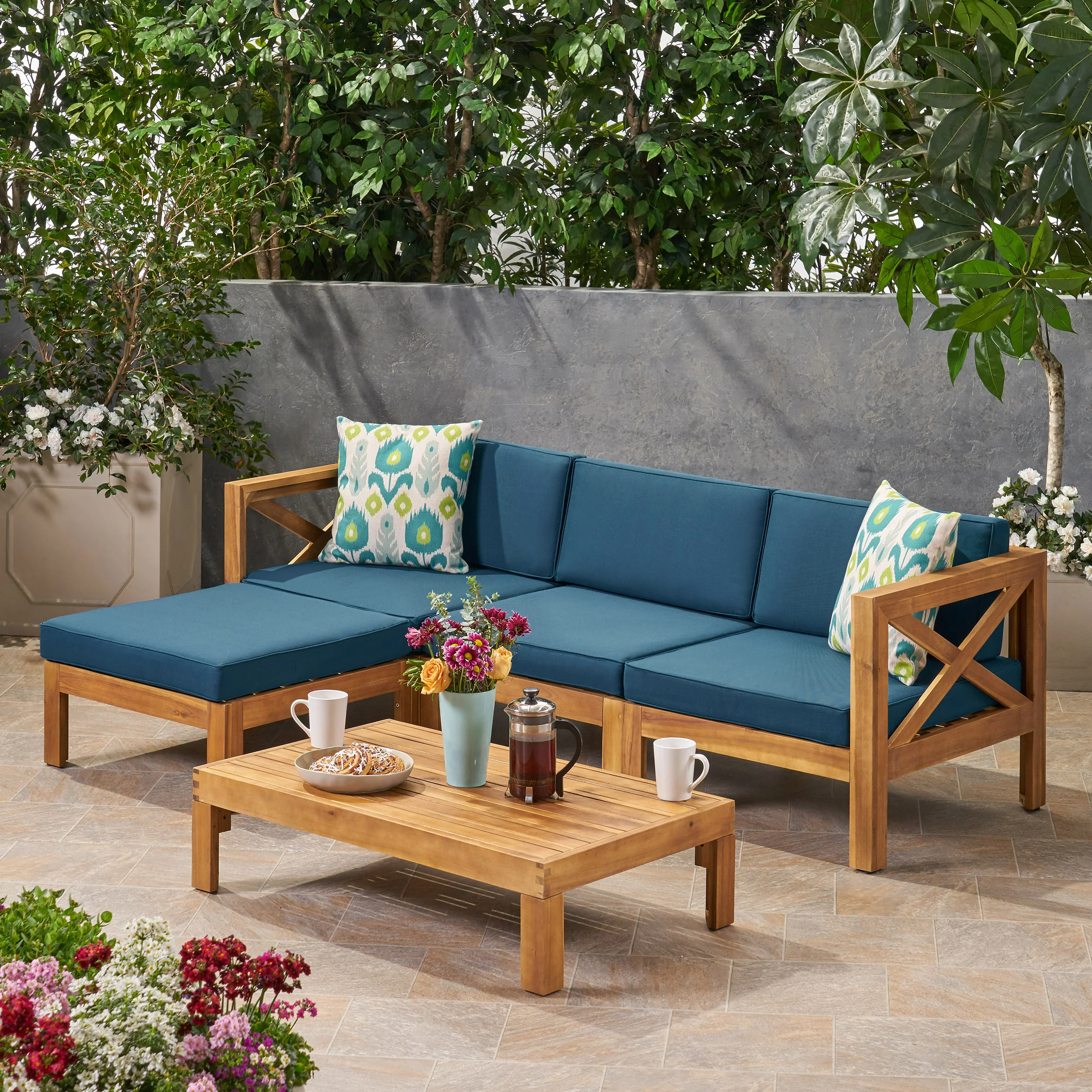 Mamie Outdoor Acacia Wood 5 Piece Sofa Set - furnishings