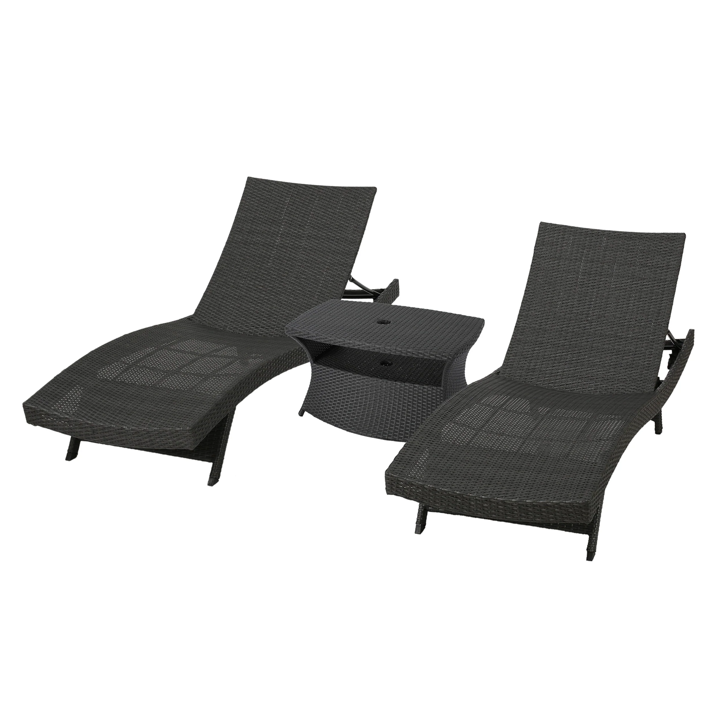 Lakeport Outdoor 3 Piece Grey Wicker Chaise Lounge Set with Table - furnishings