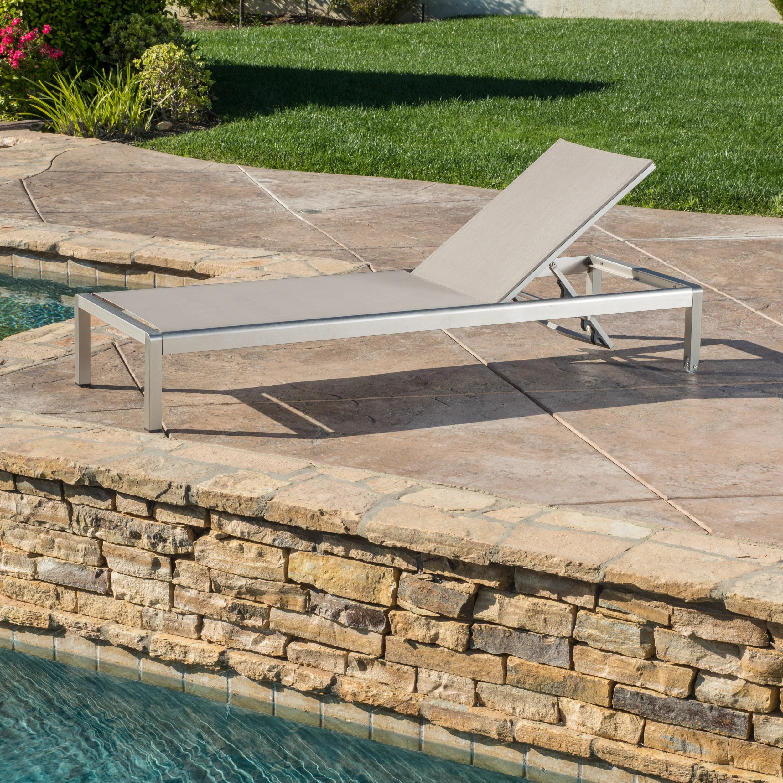 Cherie Modern Outdoor Gray Mesh Chaise Lounge with Wheels - furnishings