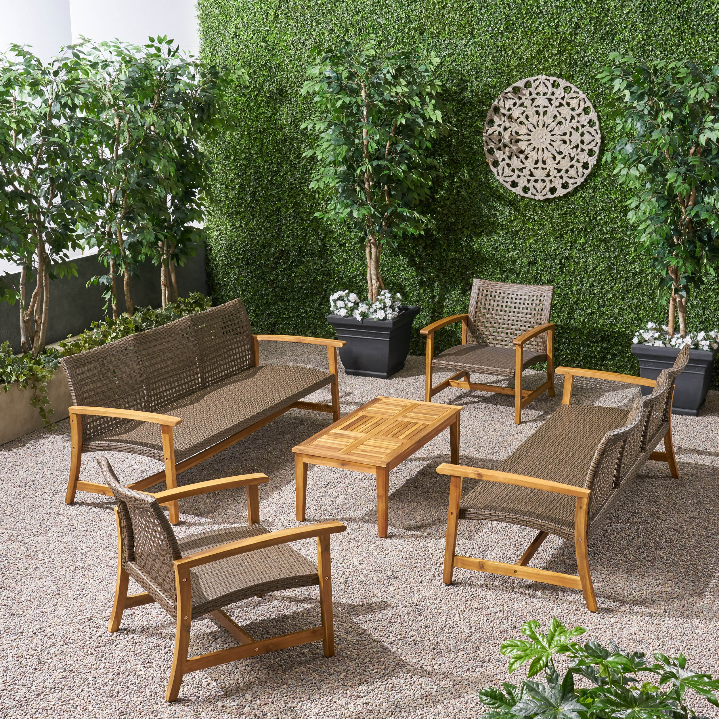 Alyssa Outdoor 5 Piece Wood and Wicker Sofa Chat Set - furnishings