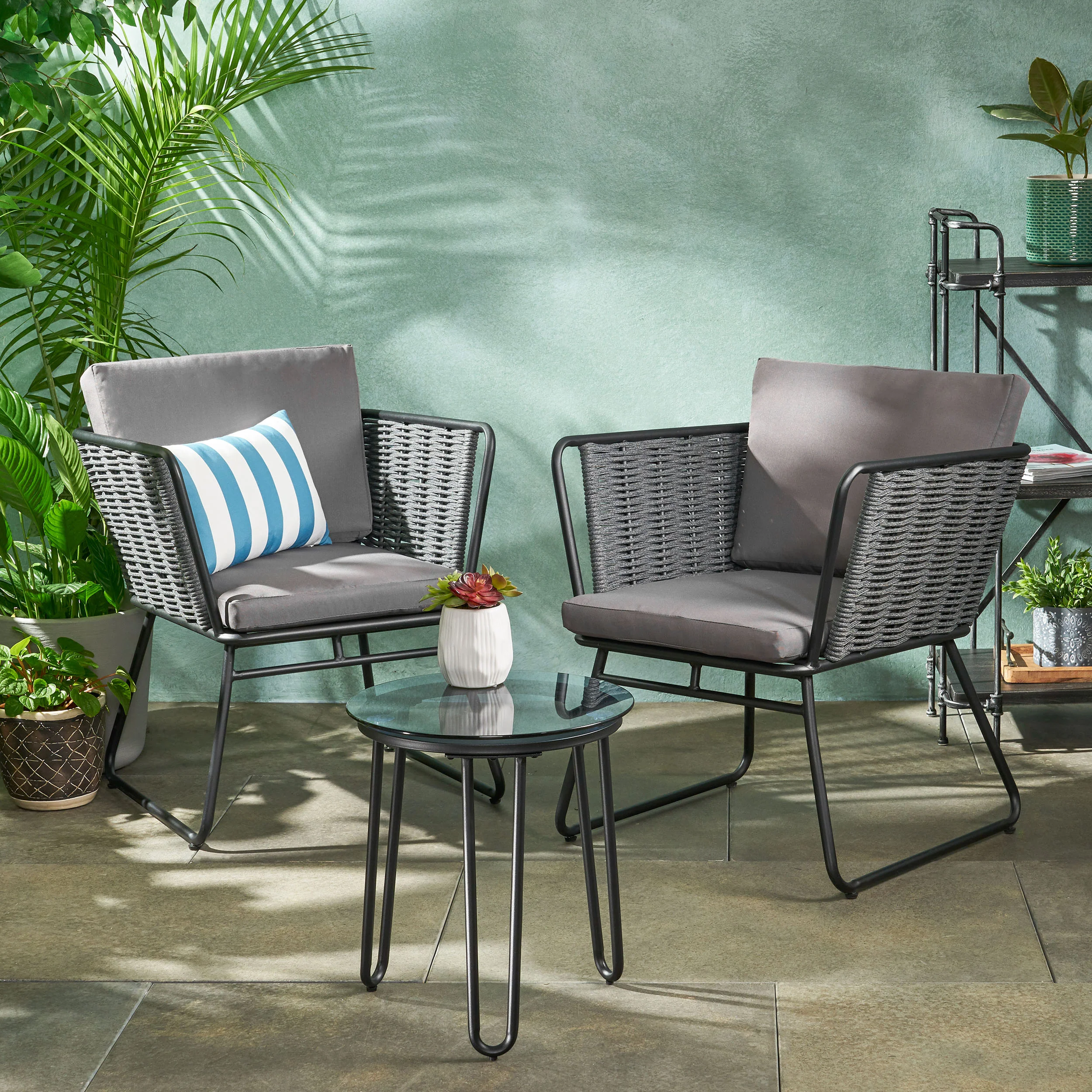 Morocco Modern Outdoor Rope Weave Chat Set with Side Table - furnishings