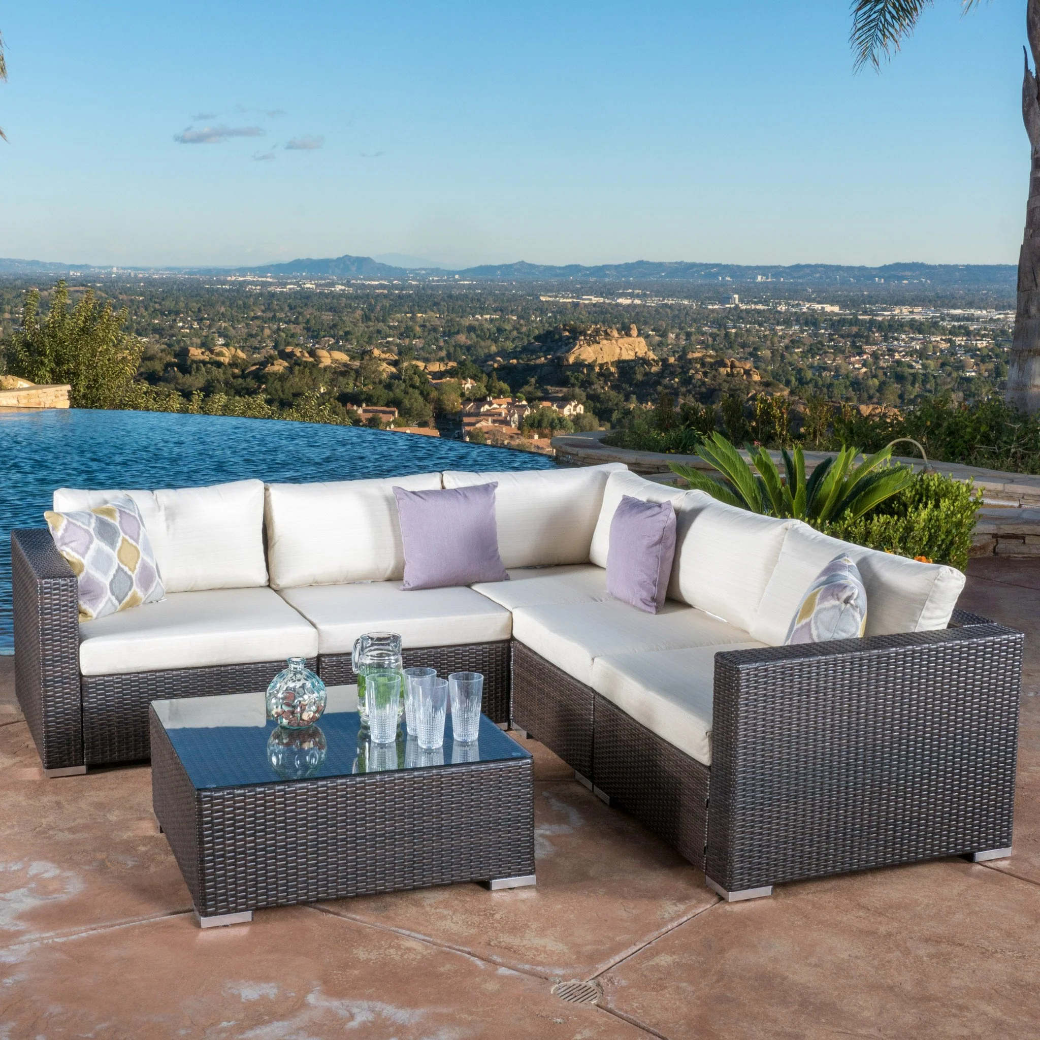 Francisco 6pc Outdoor Brown Wicker Seating Sectional Set w/ Cushions - furnishings