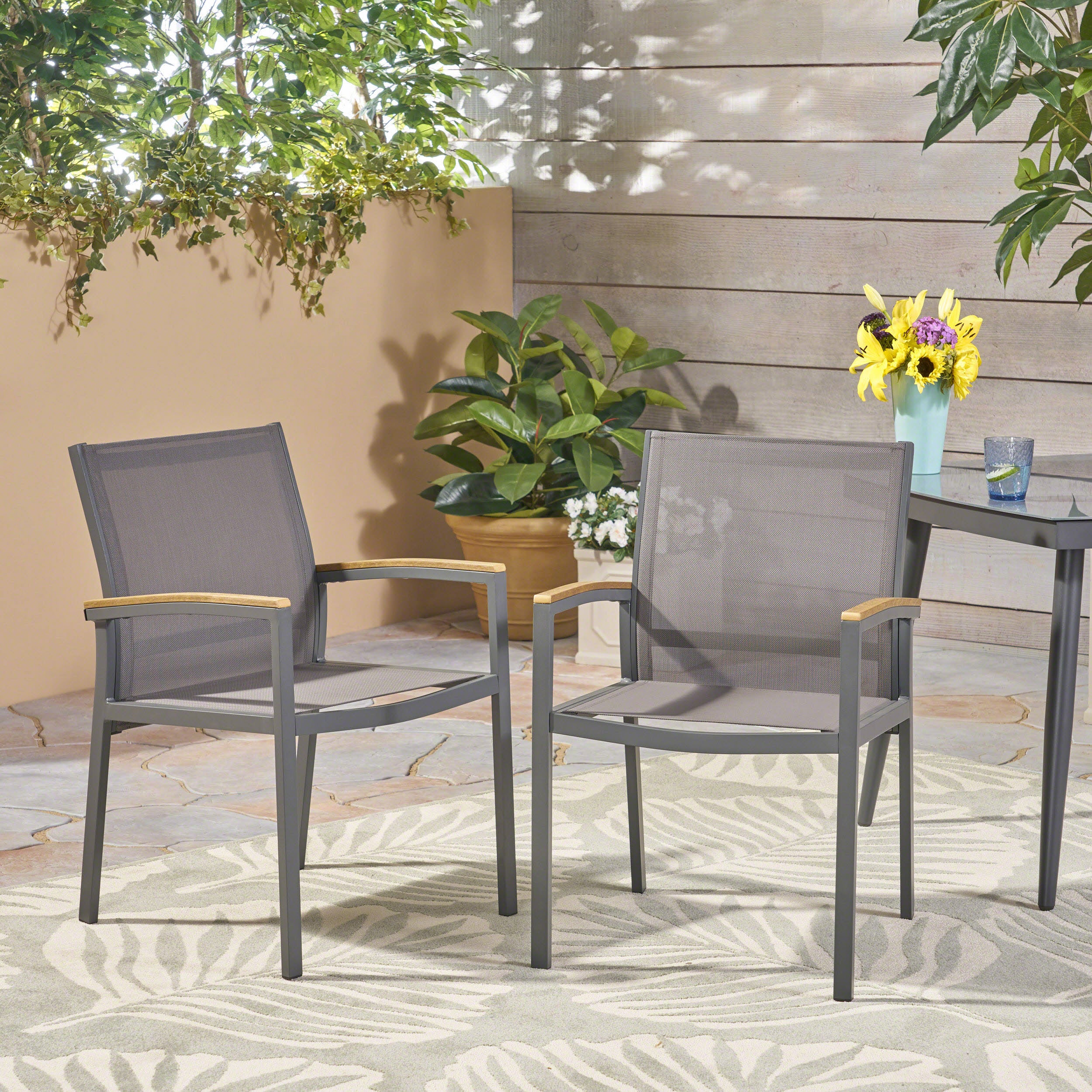 Emma Outdoor Aluminum Dining Chairs with Faux Wood Accents - furnishings