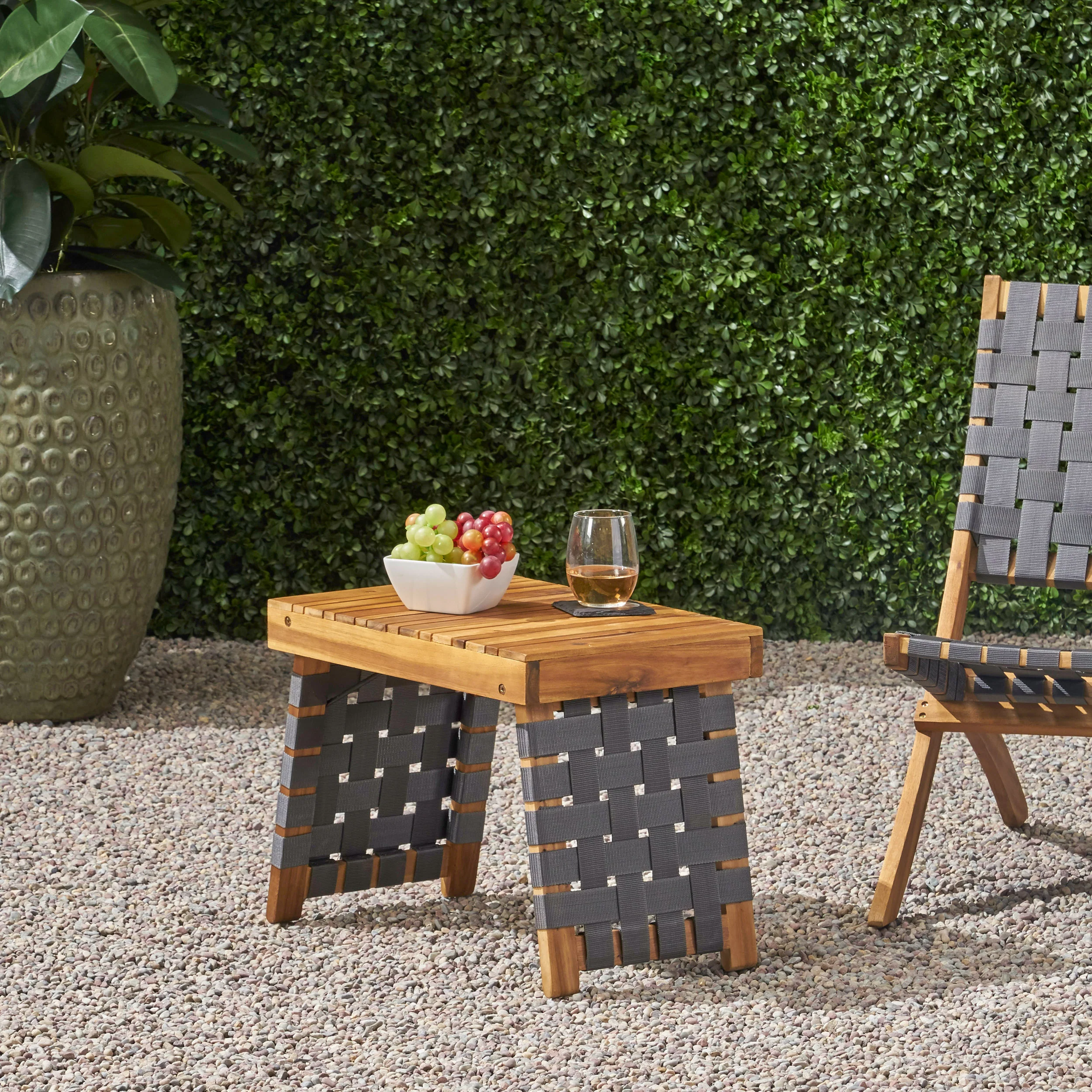 Riley Outdoor Acacia Wood Foldable Side Table, Brown Patina and Gray - furnishings
