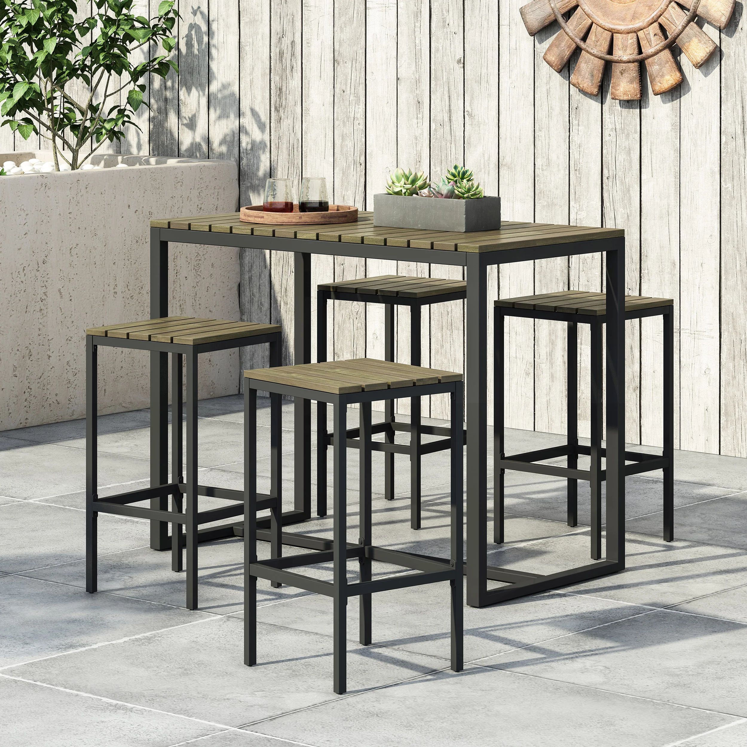 Arath Outdoor Modern Industrial 4 Seater Acacia Wood Bar Set - furnishings