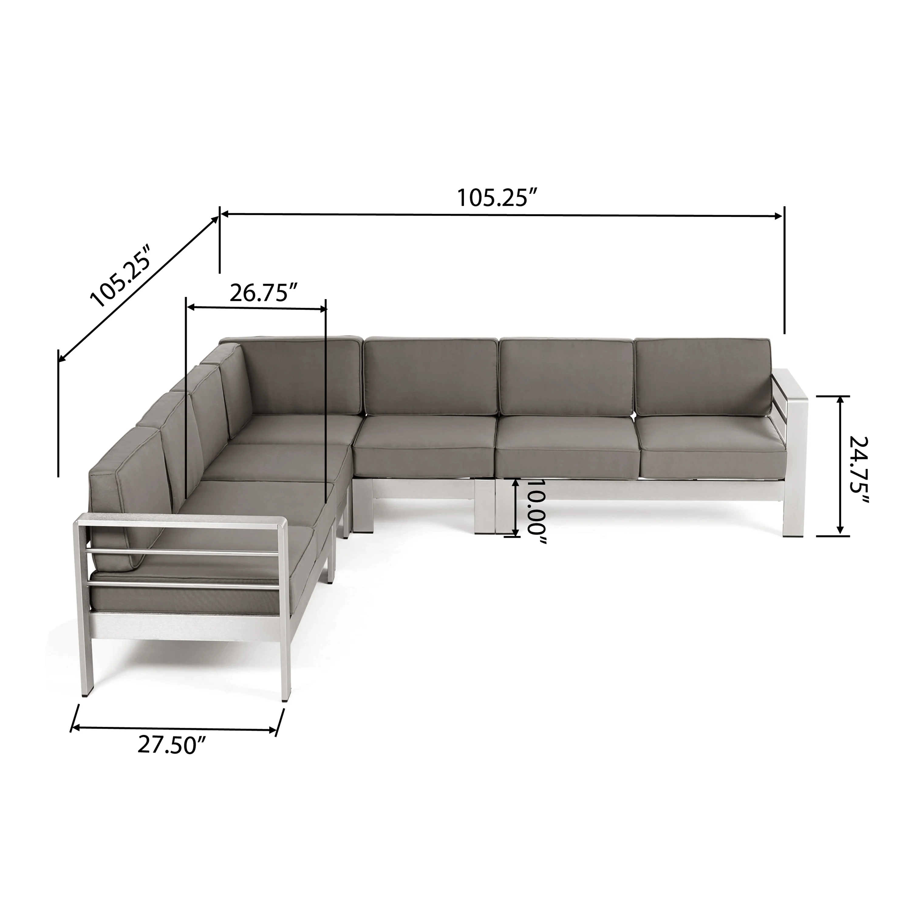 Emily Coral Outdoor 7-Seater Aluminum Sectional Sofa Set, Silver and Khaki - furnishings