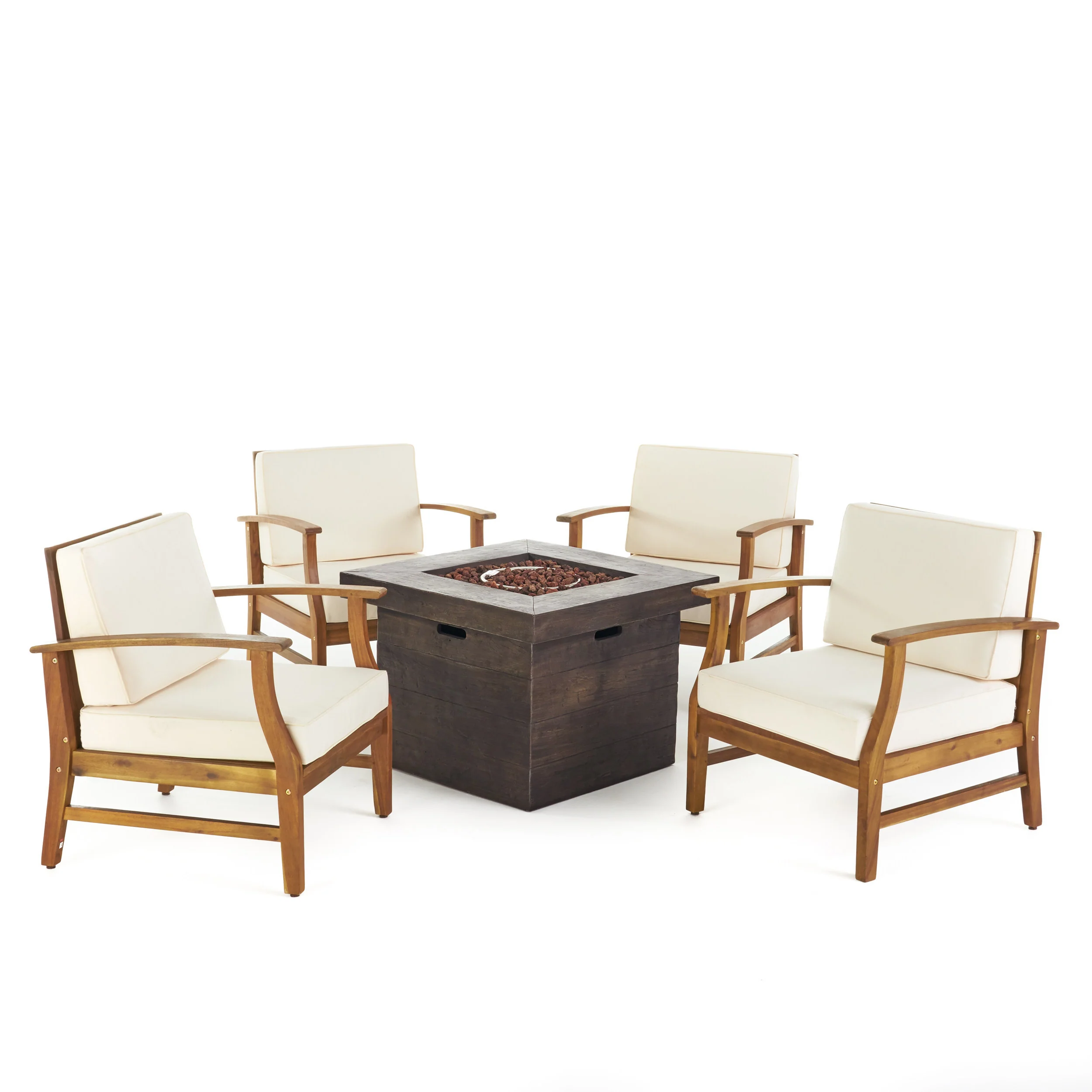 Easter Outdoor 4 Seat Teak Finished Acacia Wood Club Chairs Fire Pit Chat Set - furnishings