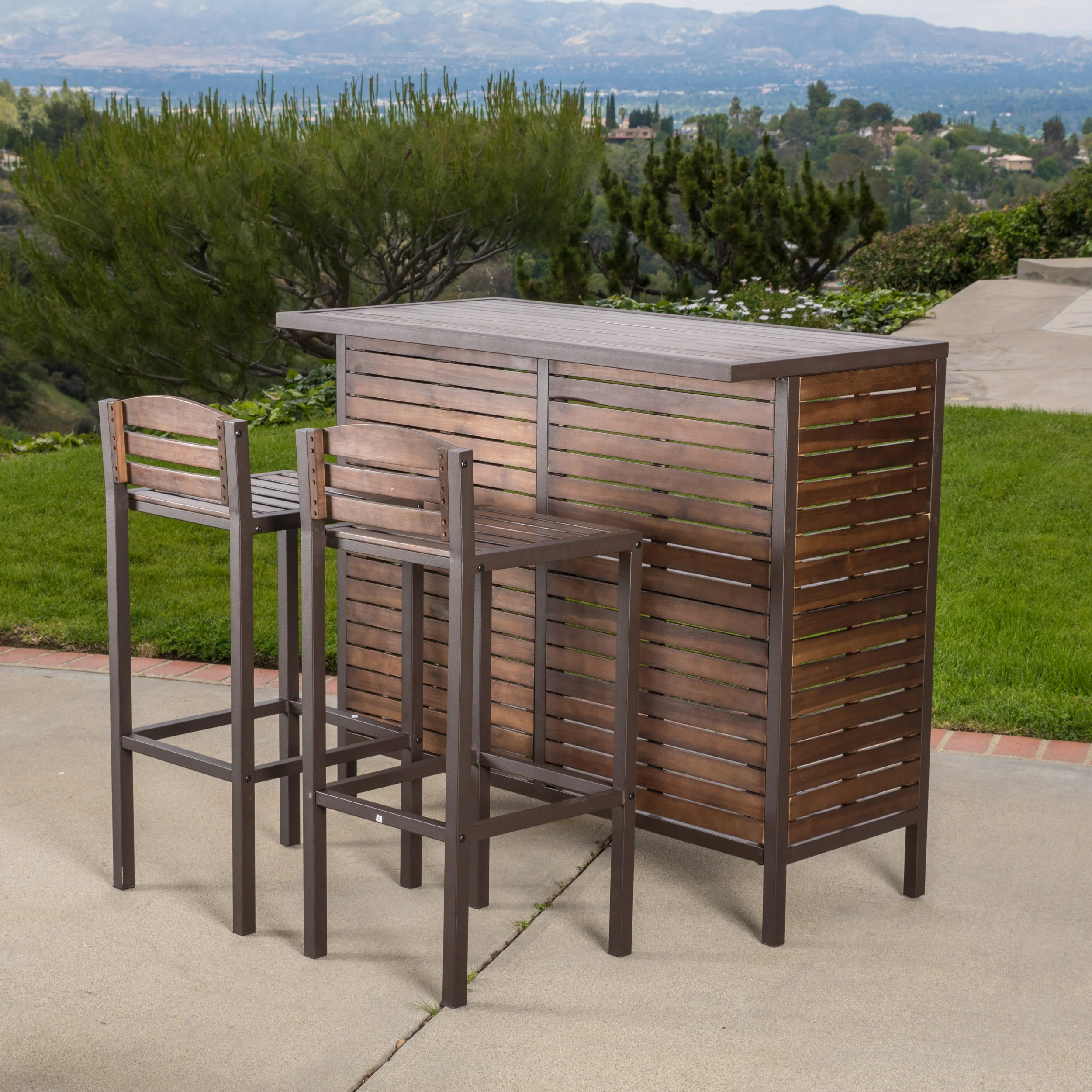Isabel Dark Brown Acacia Wood & Rustic Metal Bar With 30-Inch Barstools - furnishings
