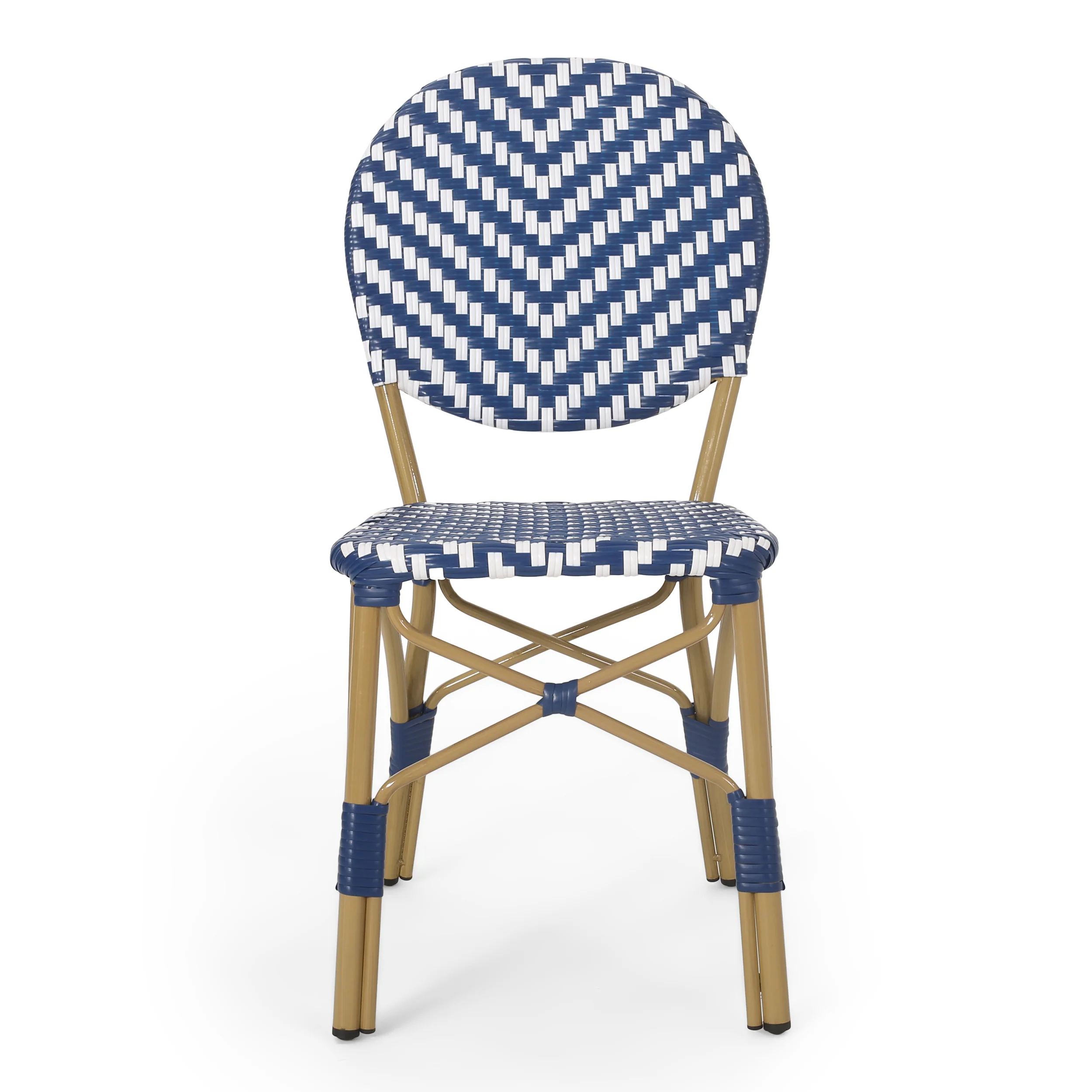 Deshler Outdoor Aluminum French Bistro Set, Navy Blue, White, and Bamboo Finish - furnishings