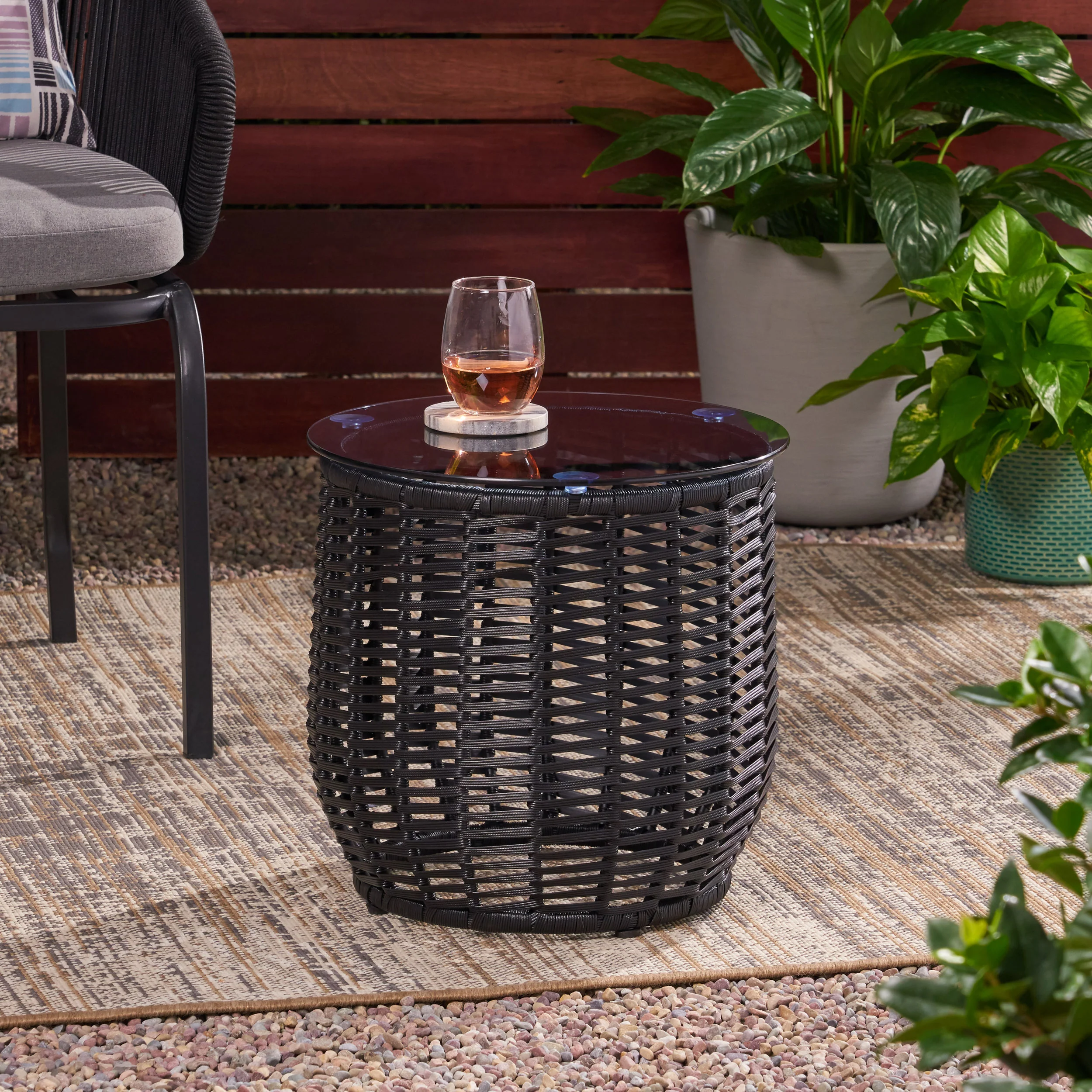 Ola Wicker Side Table with Tempered Glass Top - furnishings