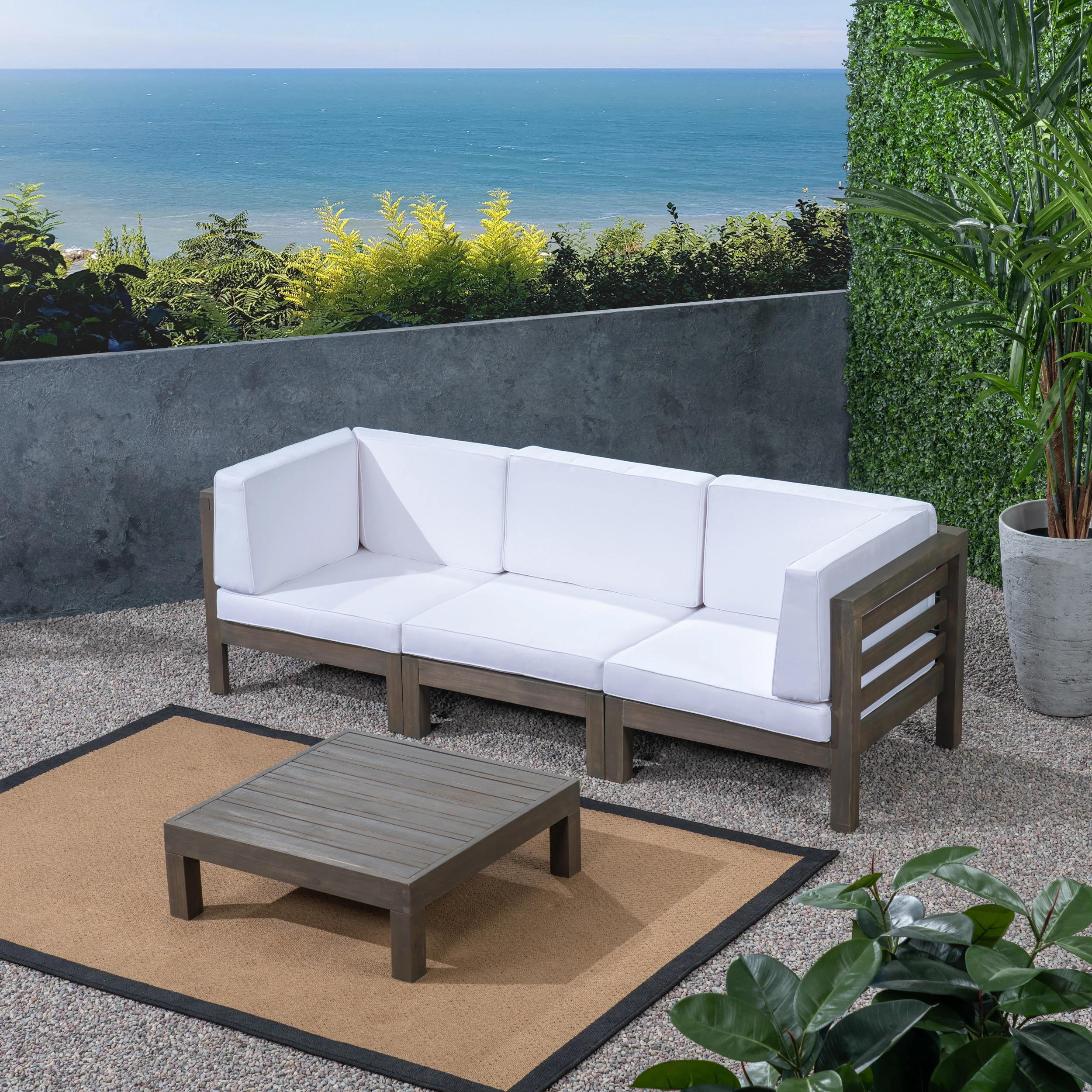Dawson Outdoor Sectional Sofa Set with Coffee Table - 4-Piece 3-Seater - Acacia Wood - Outdoor Cushions - furnishings