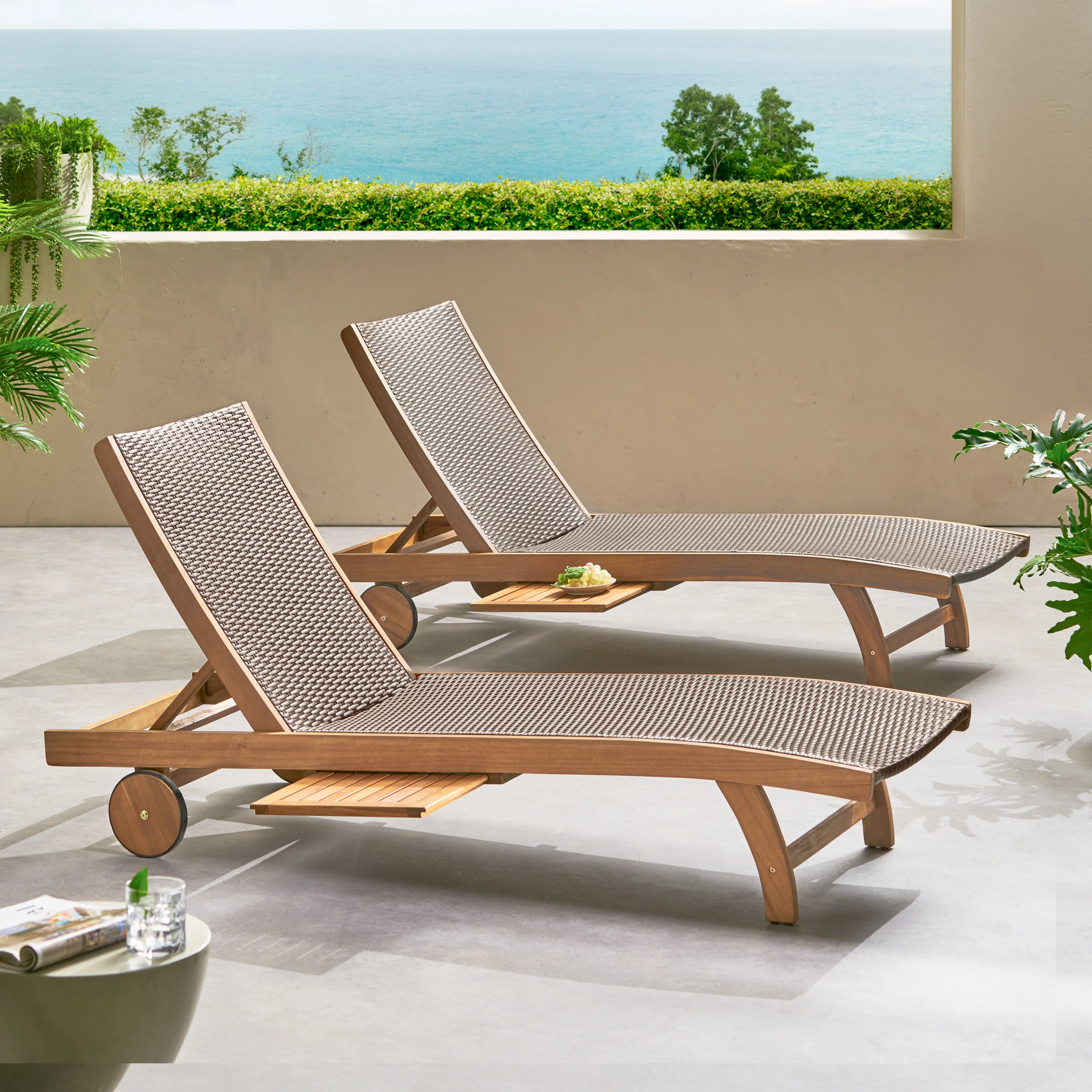 Yedda Outdoor Wicker and Wood Chaise Lounge with Pull-Out Tray - furnishings