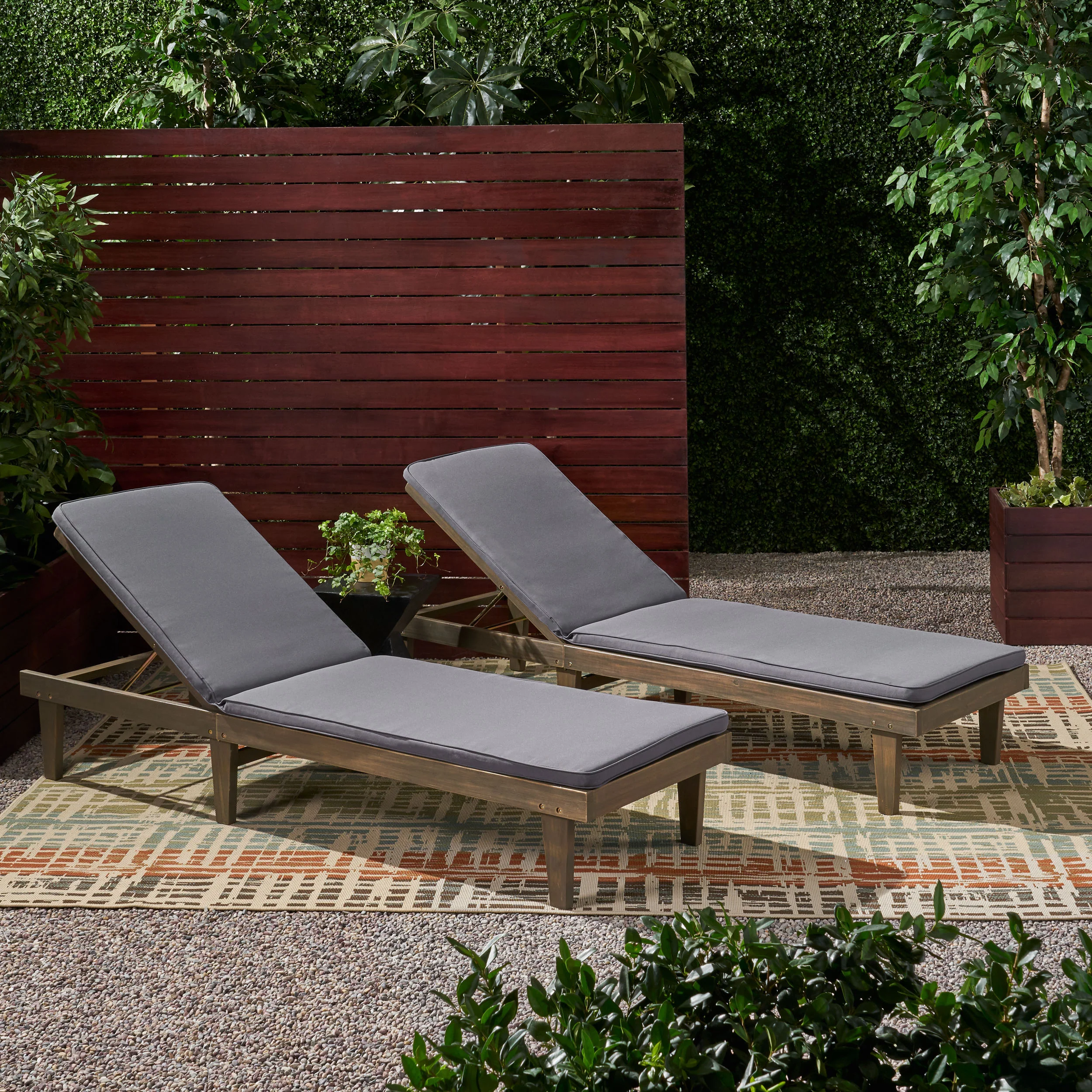 Nadine Outdoor Modern Acacia Wood Chaise Lounge with Cushion (Set of 2) - furnishings
