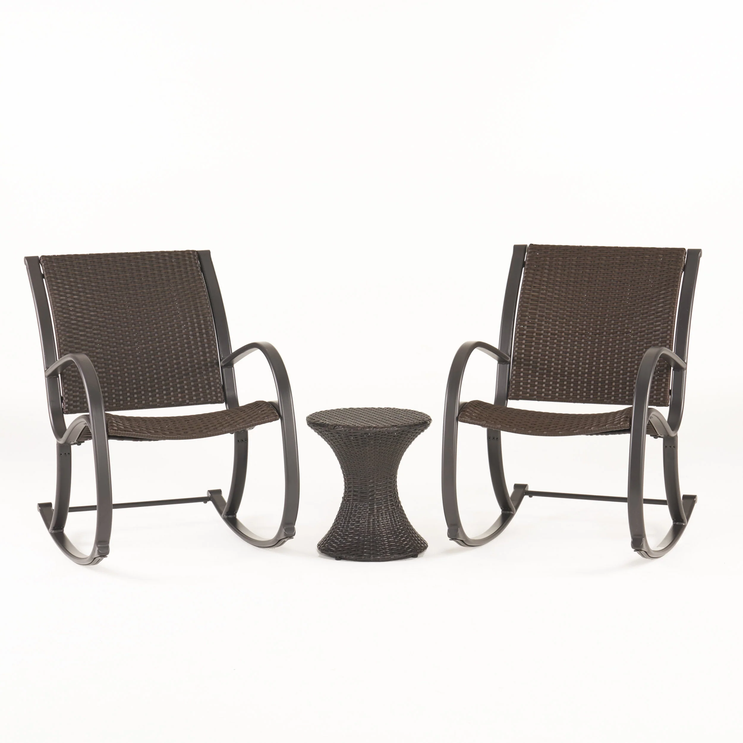 Leann Outdoor 3pc Dark Brown Wicker Rocking Chair Chat Set (Hourglass Table) - furnishings