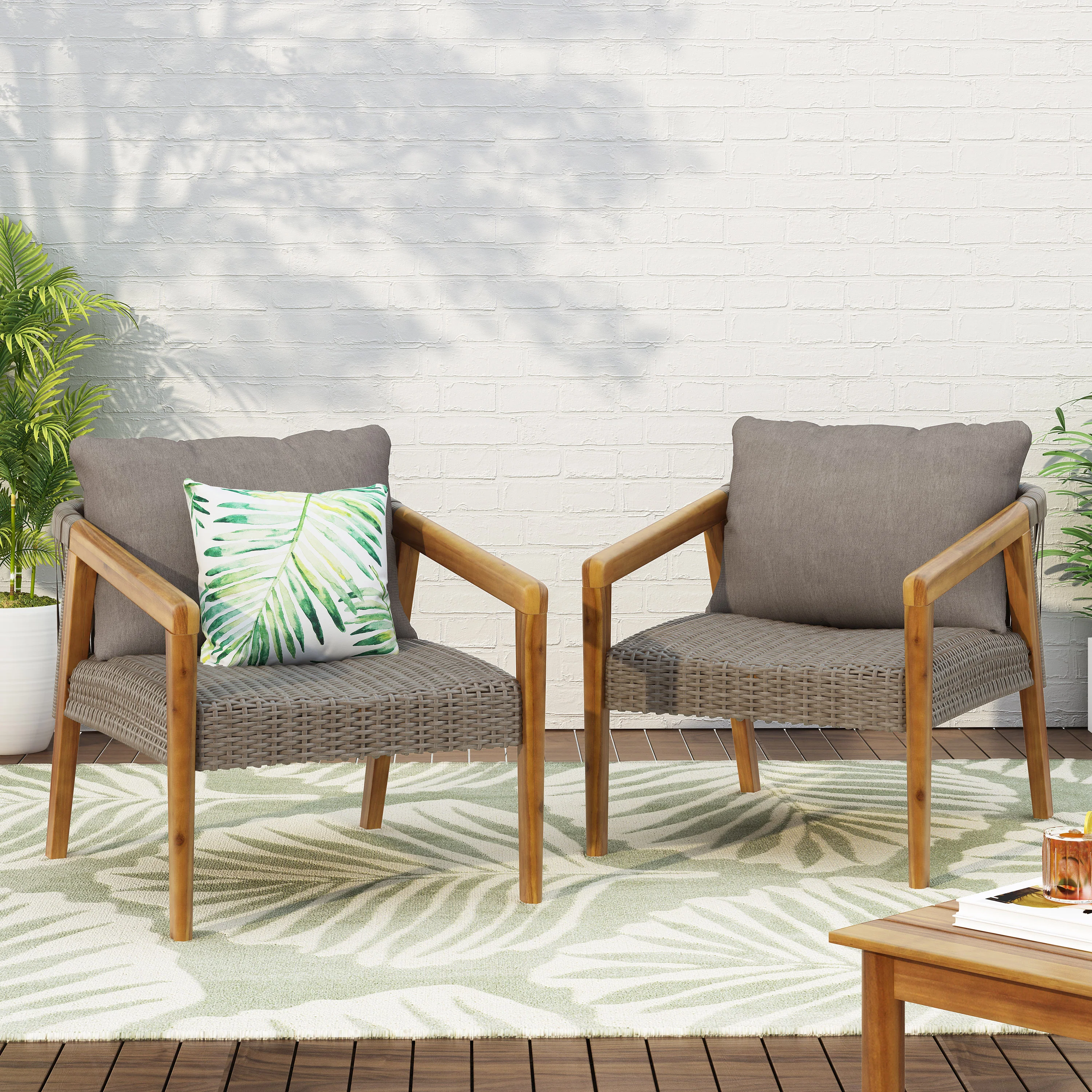 Breck Outdoor Acacia Wood and Wicker Club Chairs with Cushion, Set of 2, Teak and Gray - furnishings