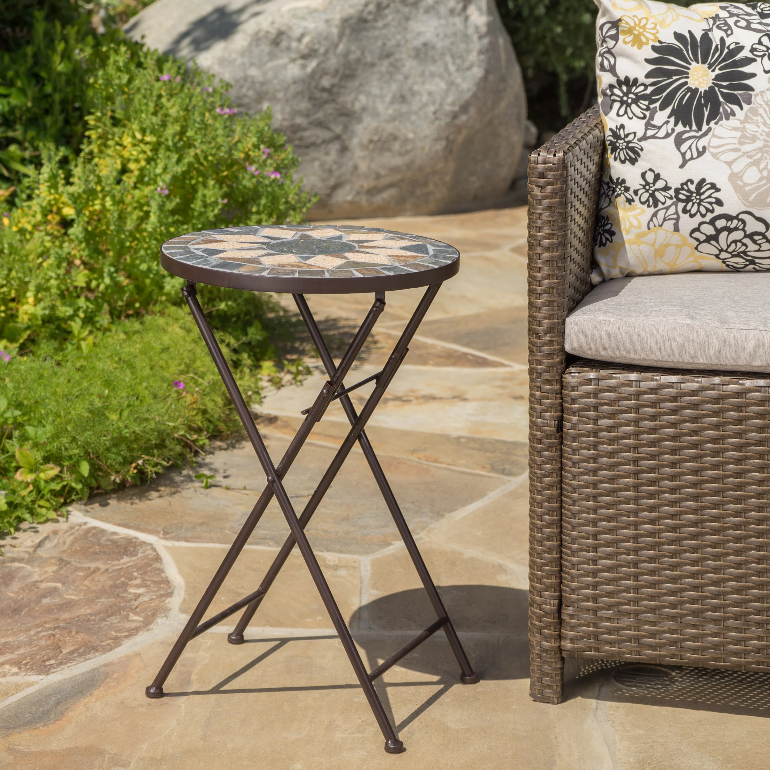 Sandor Outdoor Beige and Black Stone Side Table with Iron Frame - furnishings