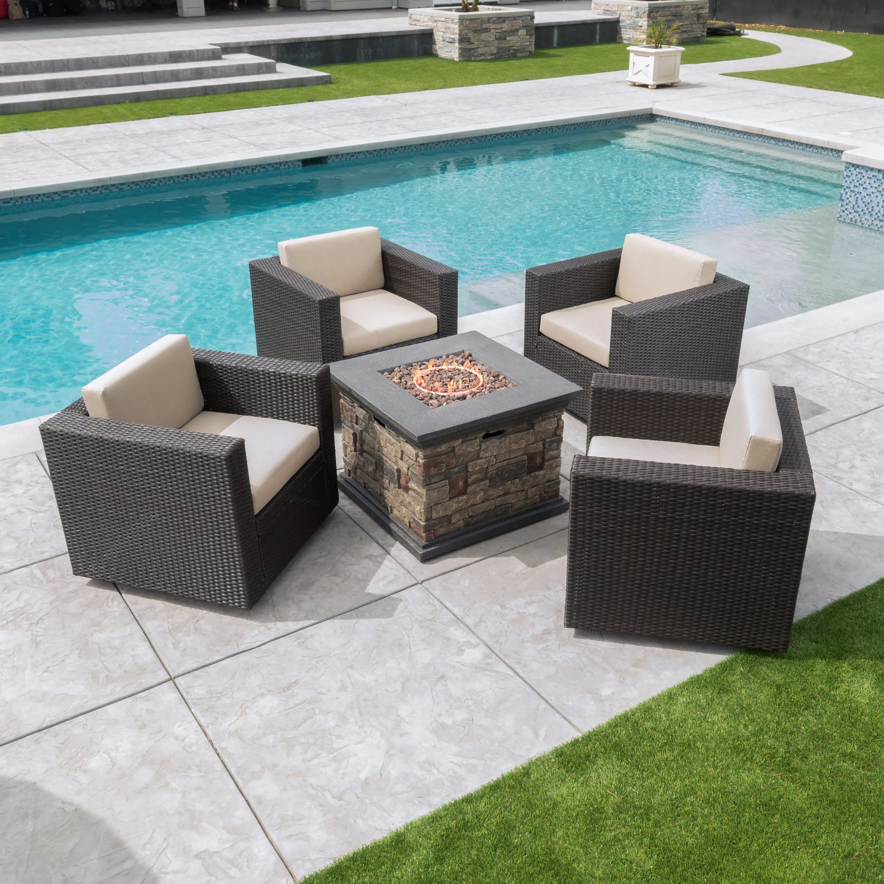 Venice Outdoor 5 Piece Chat Set with Dark Brown Chairs with Fire Pit - furnishings