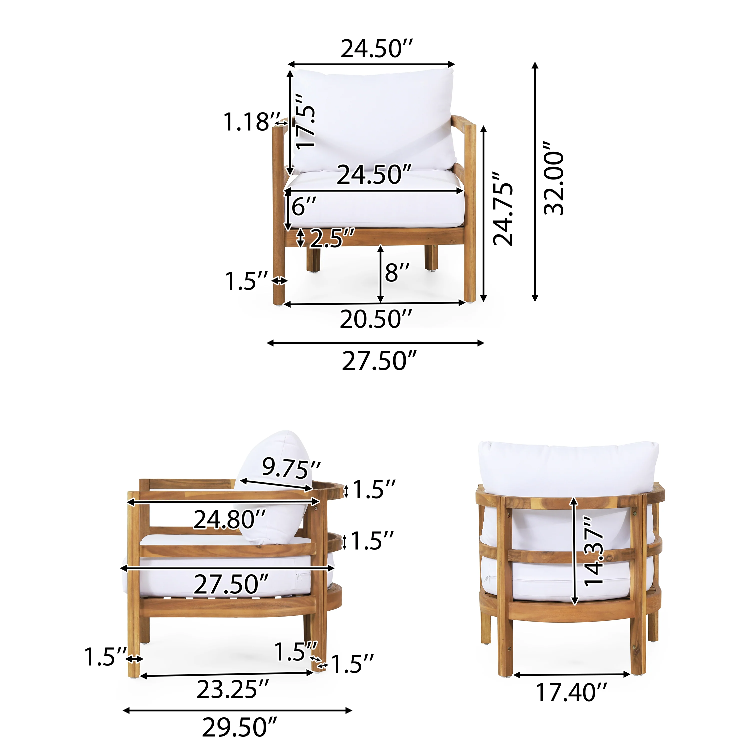 Aggie Outdoor Acacia Wood Club Chair with Cushions, Teak and White - furnishings