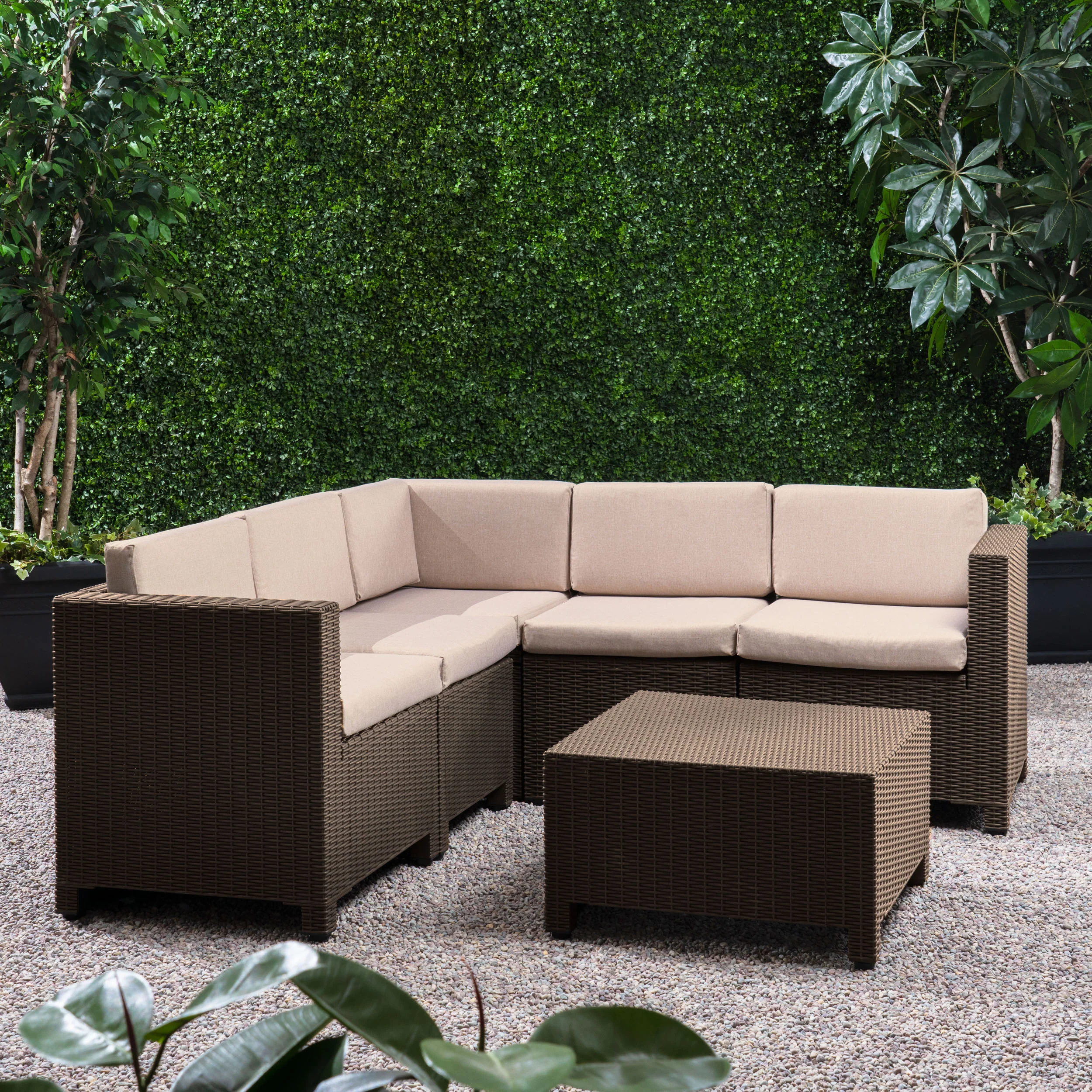 Riley Outdoor All Weather Faux Wicker 5 Seater Sectional Sofa Set with Cushions - furnishings