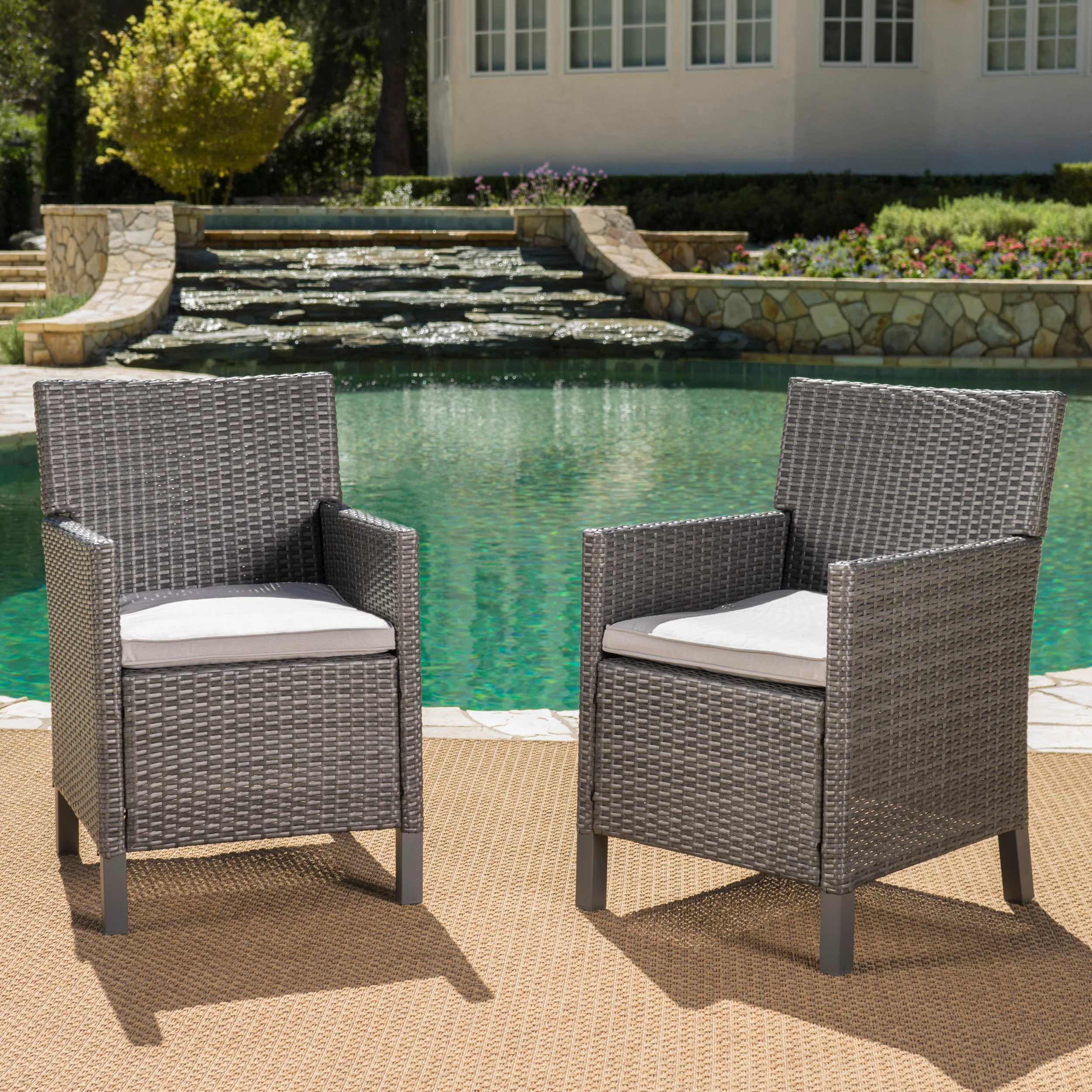 Cyrus Outdoor Wicker Dining Chairs with Water Resistant Cushions (Set of 2) - furnishings